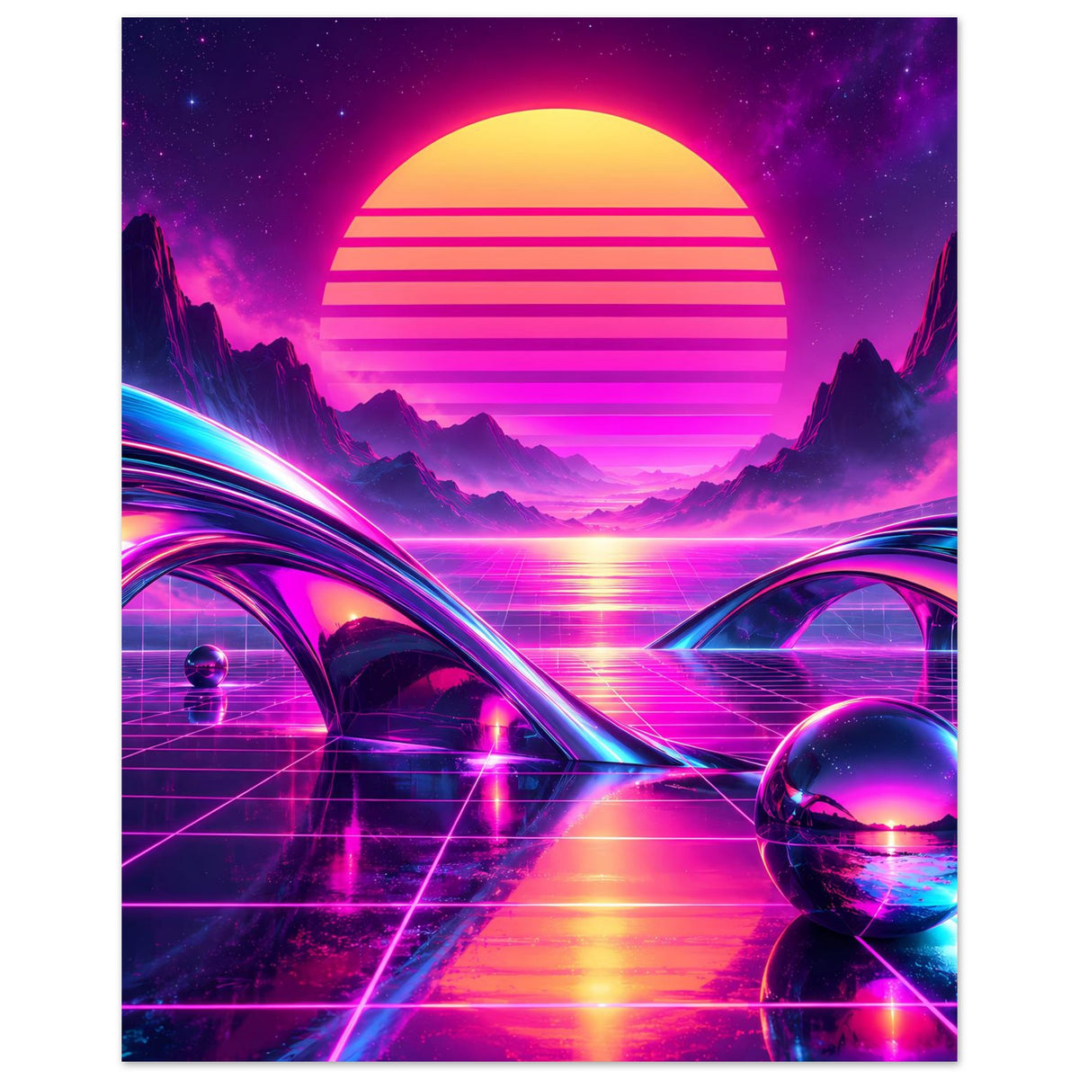 Neon-Science-Fiction-Poster (Hochformat) mit Sonnen-Lichtscheibe, Bergen und leuchtenden Grid-Linien