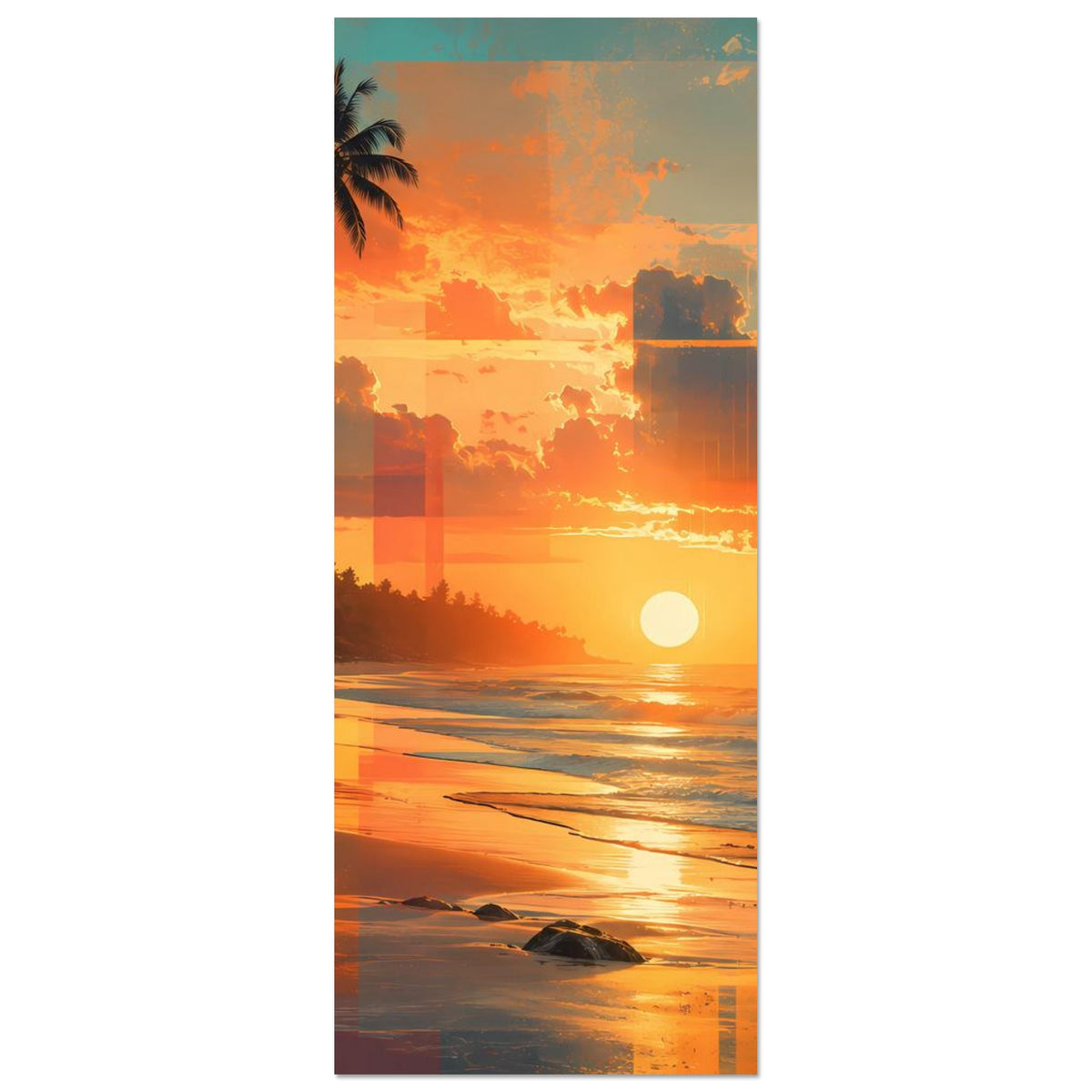 Beachposter im Hochformat mit Sonnenuntergang über Meer, Palmen und Strandlinien