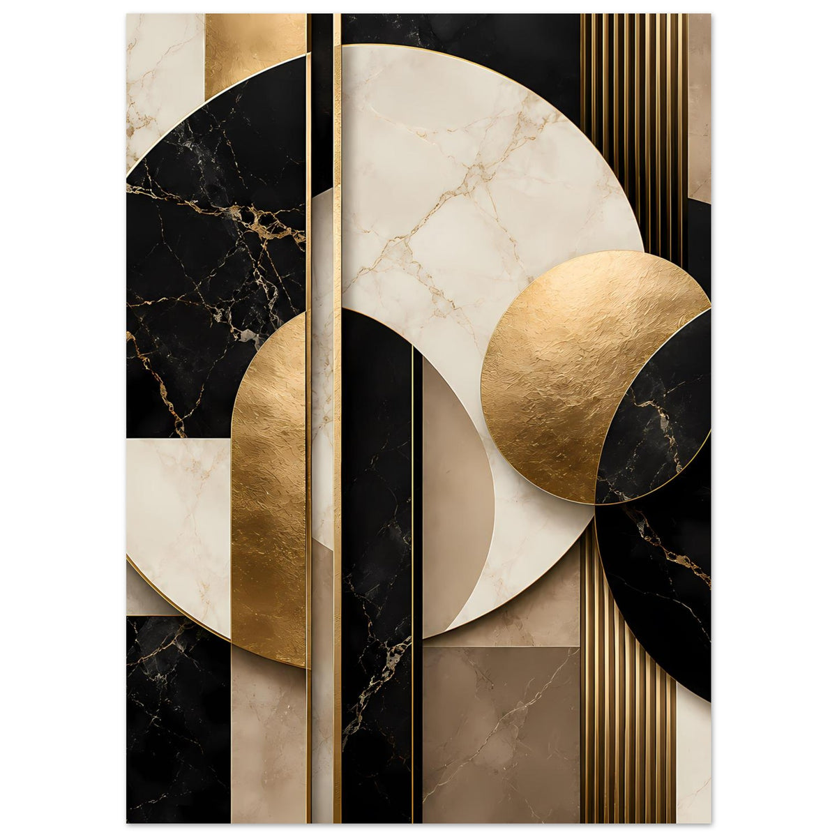 Poster mit Marmor- und Goldkomposition: runde Formen, schimmernde Flächen, schwarze Muster