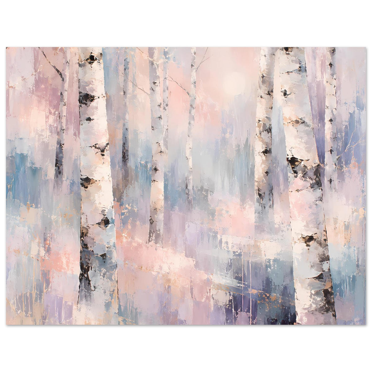 Pastell-Naturposter mit Birkenwald, weißen Stämmen und blassblauen, rosafarbenen Akzenten.