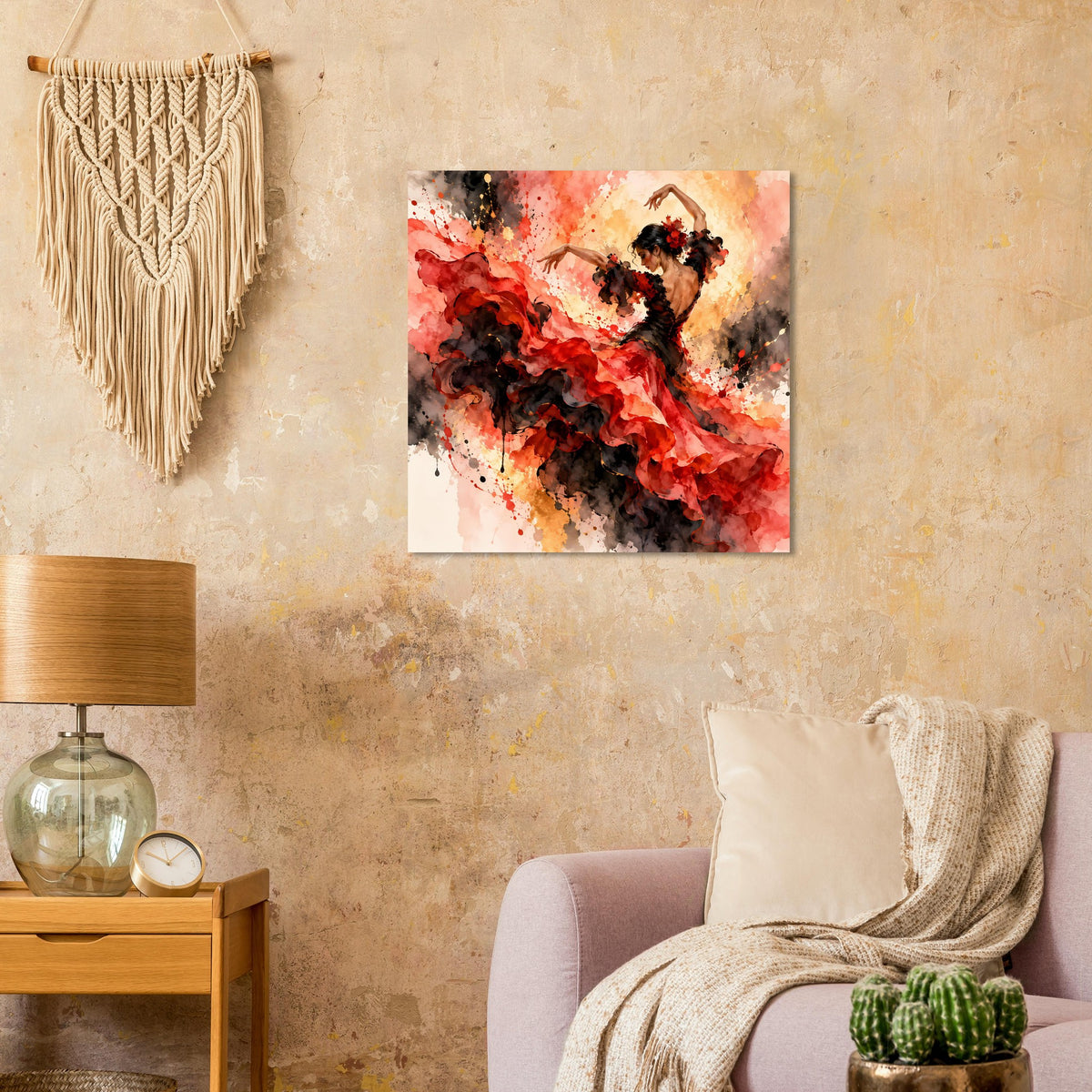 Quadratisches Poster mit Flamenco-Tänzerin in Rot-Schwarz, dynamischer Farbverlauf
