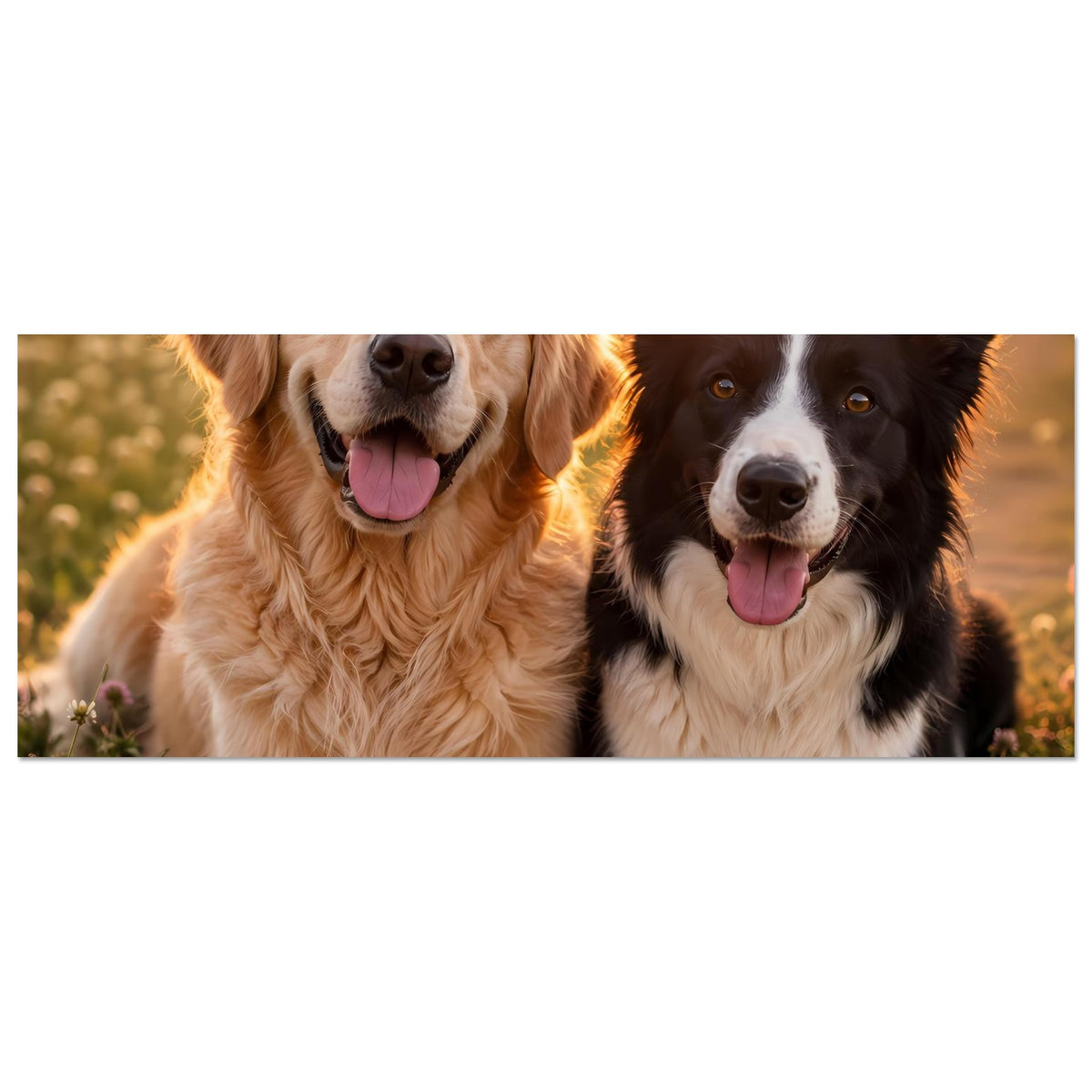 Querformatiges Hunde-Porträtposter: Golden Retriever und schwarzer/weißer Hund im Nahbild