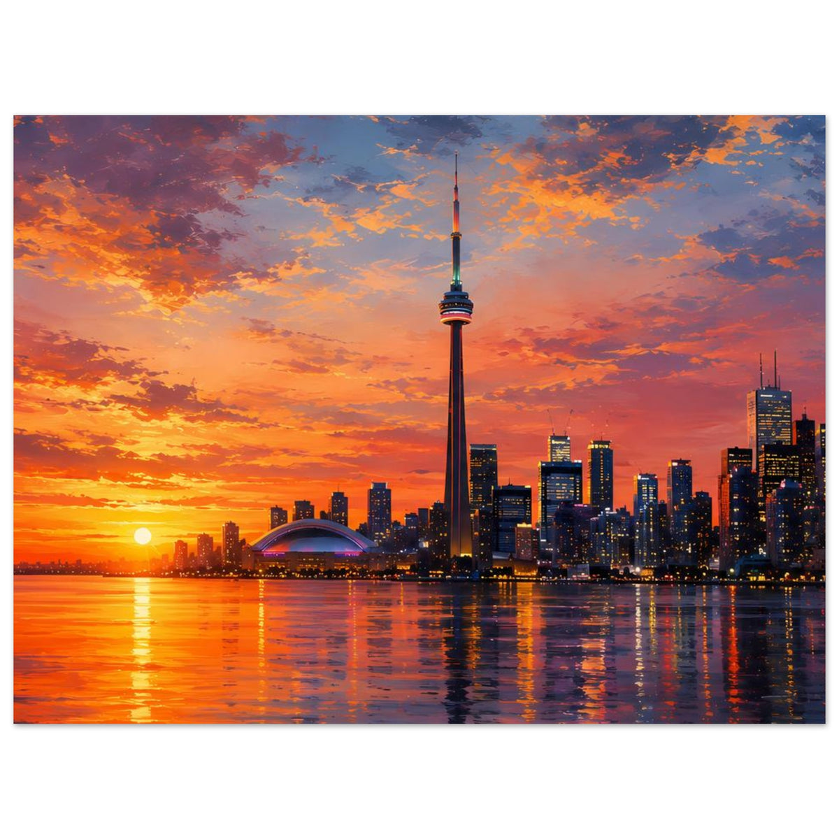 Poster mit Skyline bei Sonnenuntergang, CN-Tower und reflektierendes Wasser im Vordergrund