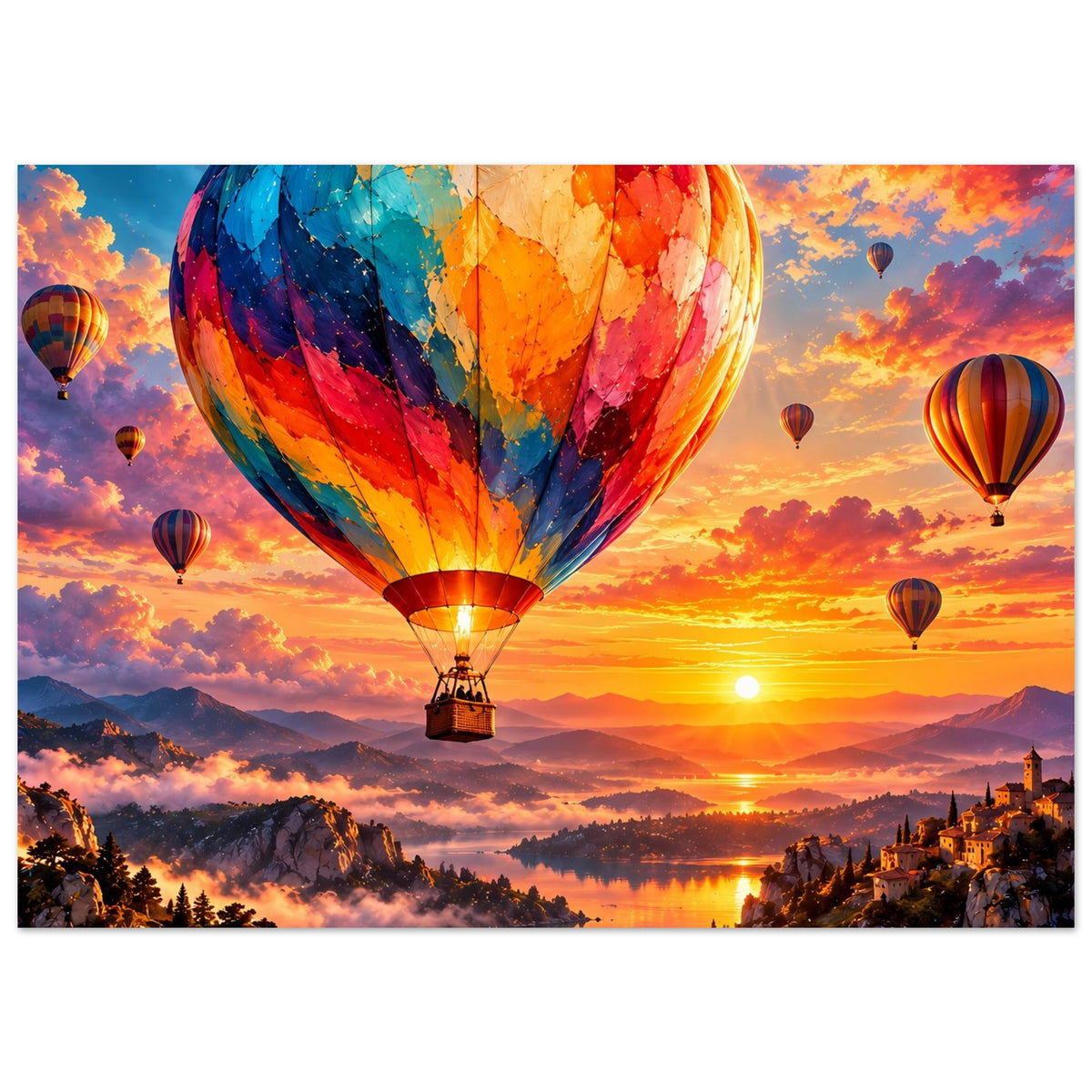Querformatiges Poster mit bunten Heißluftballons und Sonnenuntergang über Berglandschaft