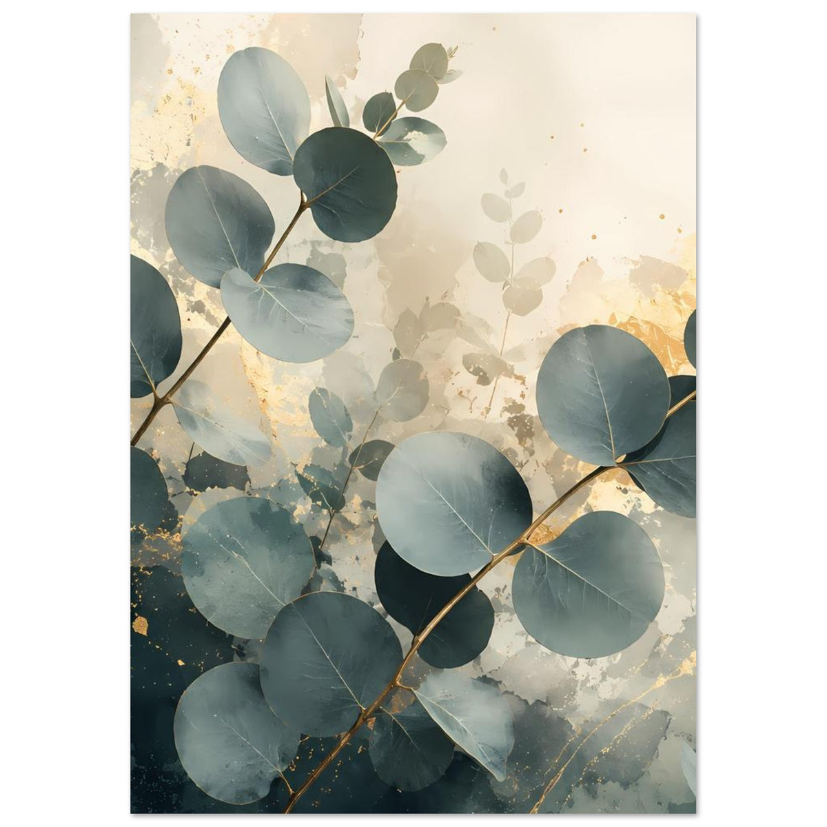 Vertikales Eukalyptus-Poster: bläuliche Blätter und goldene Spritzer im Motiv