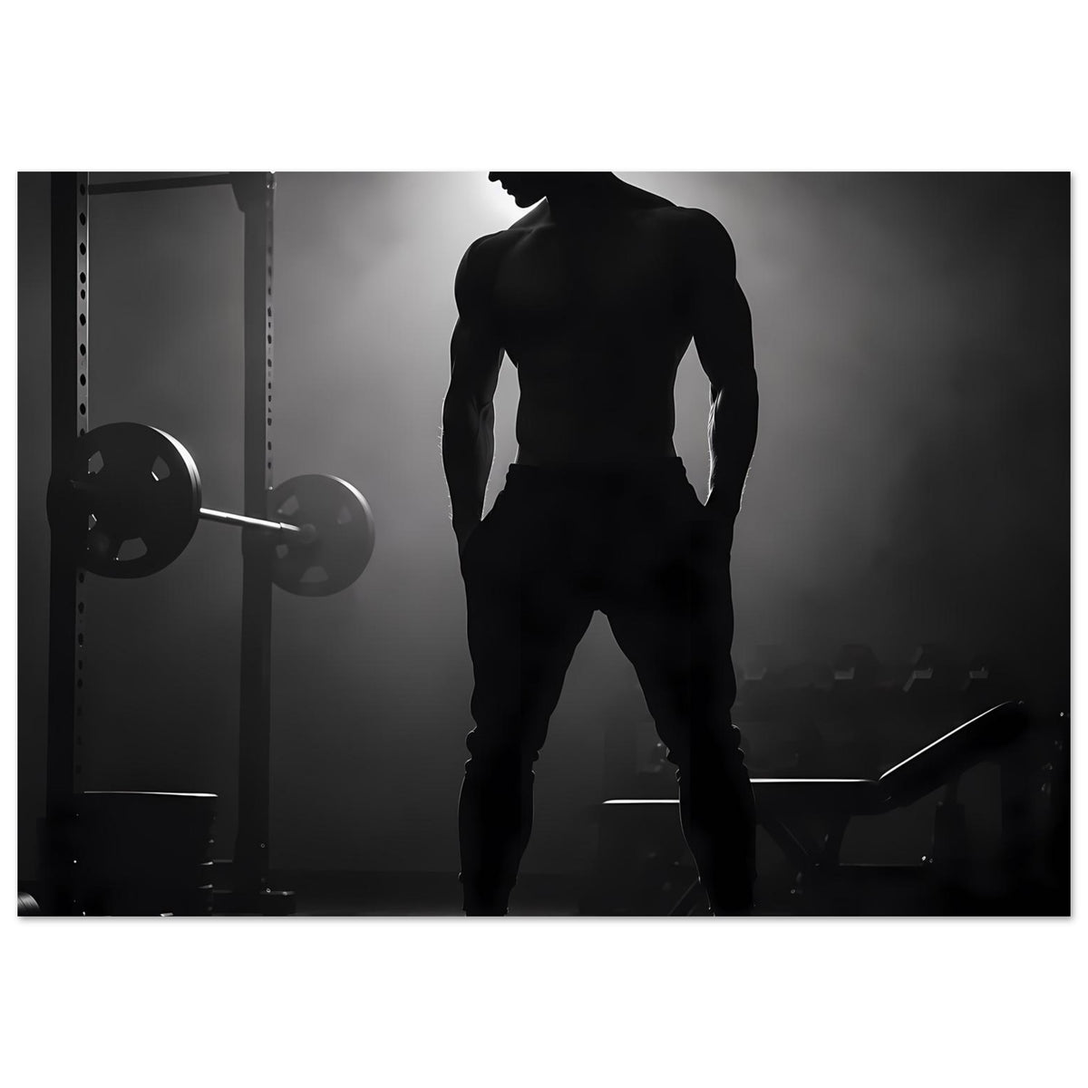 Motivationsdruck: Schwarzweiße Silhouette eines Mannes mit Hantelstange im Hintergrund