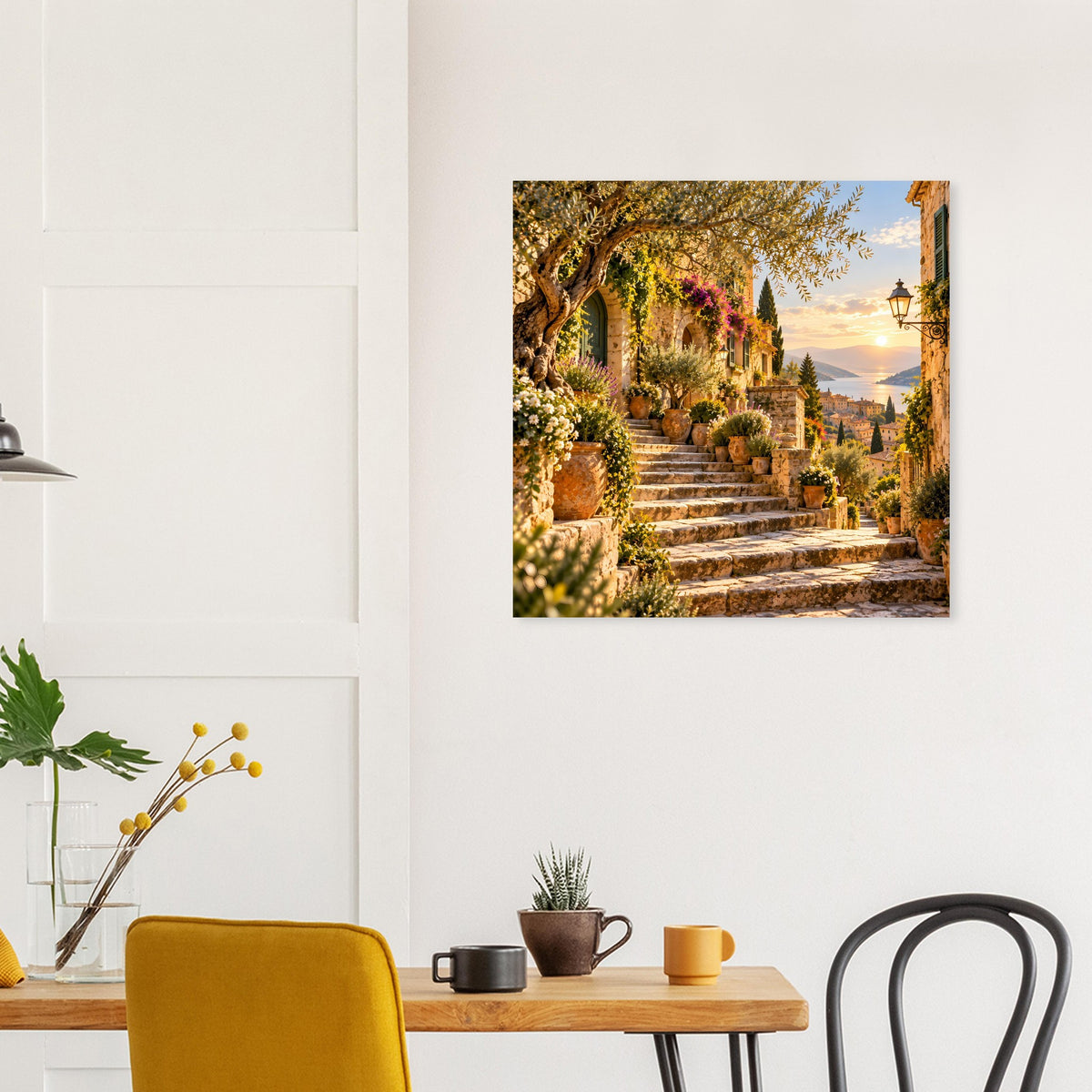 Sonnenuntergangs-Poster mit Treppenweg, Hecken und warmem Himmel, quadratisch