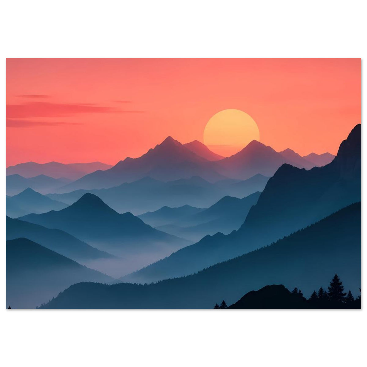 Landschaftsposter mit Sonnenuntergangsstimmung: rosa Himmel, blaue Gebirgszüge