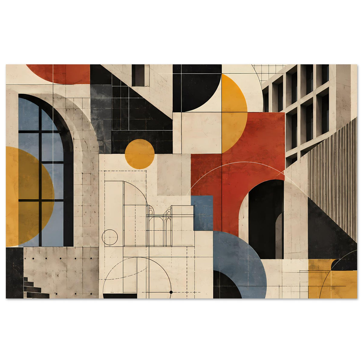 Kunstposter: geometrische Architekturflächen mit Kreisbögen, Rasterlinien und Kontrasten in Terrakotta
