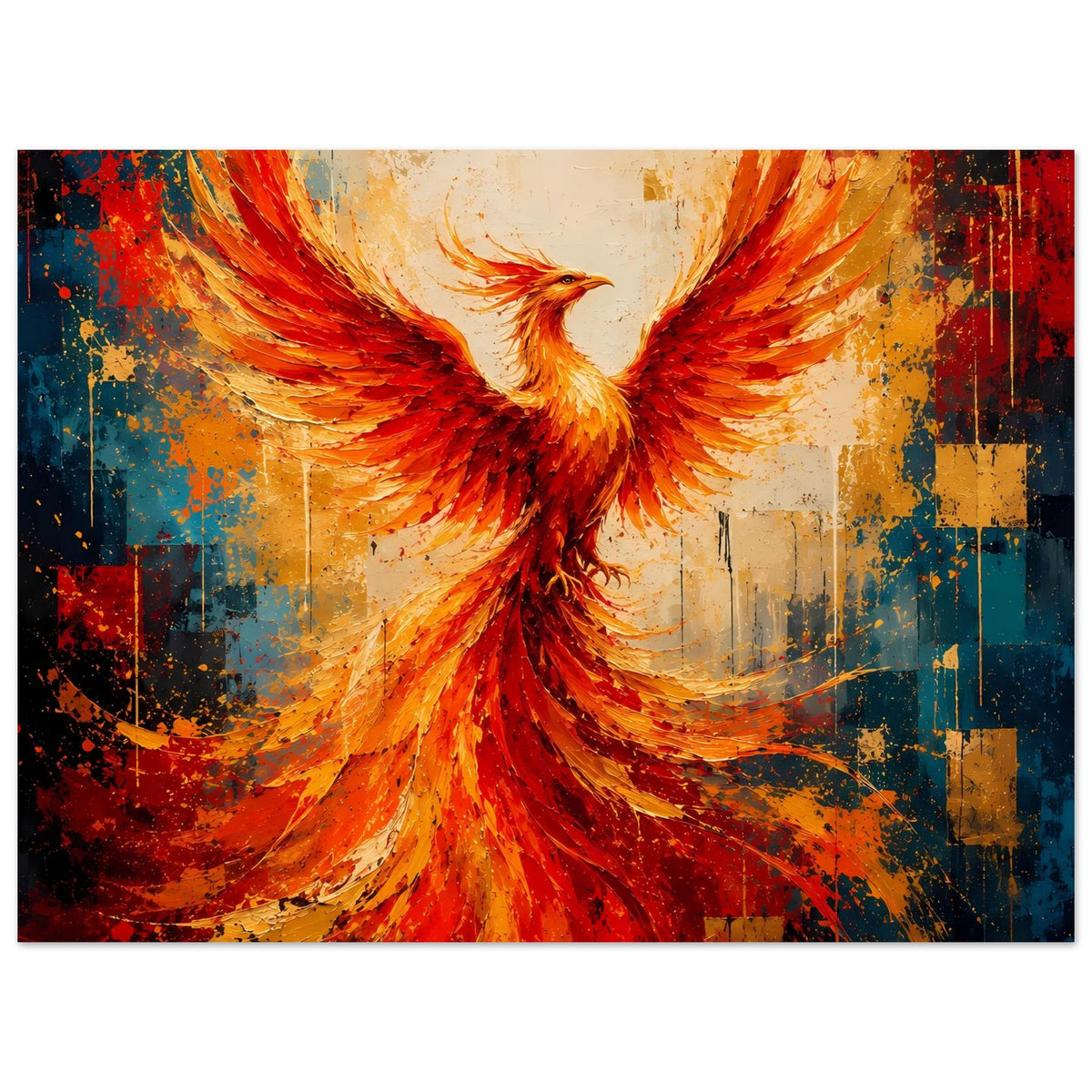 Leuchtendes Phönix-Poster im Querformat: flammende Federstrahlen in Rot und Orange
