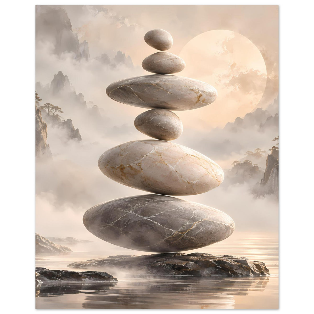 Zen-Steine in Balance vor nebligem Hintergrund in sanften Beige- und Grautönen – Posteransicht 17