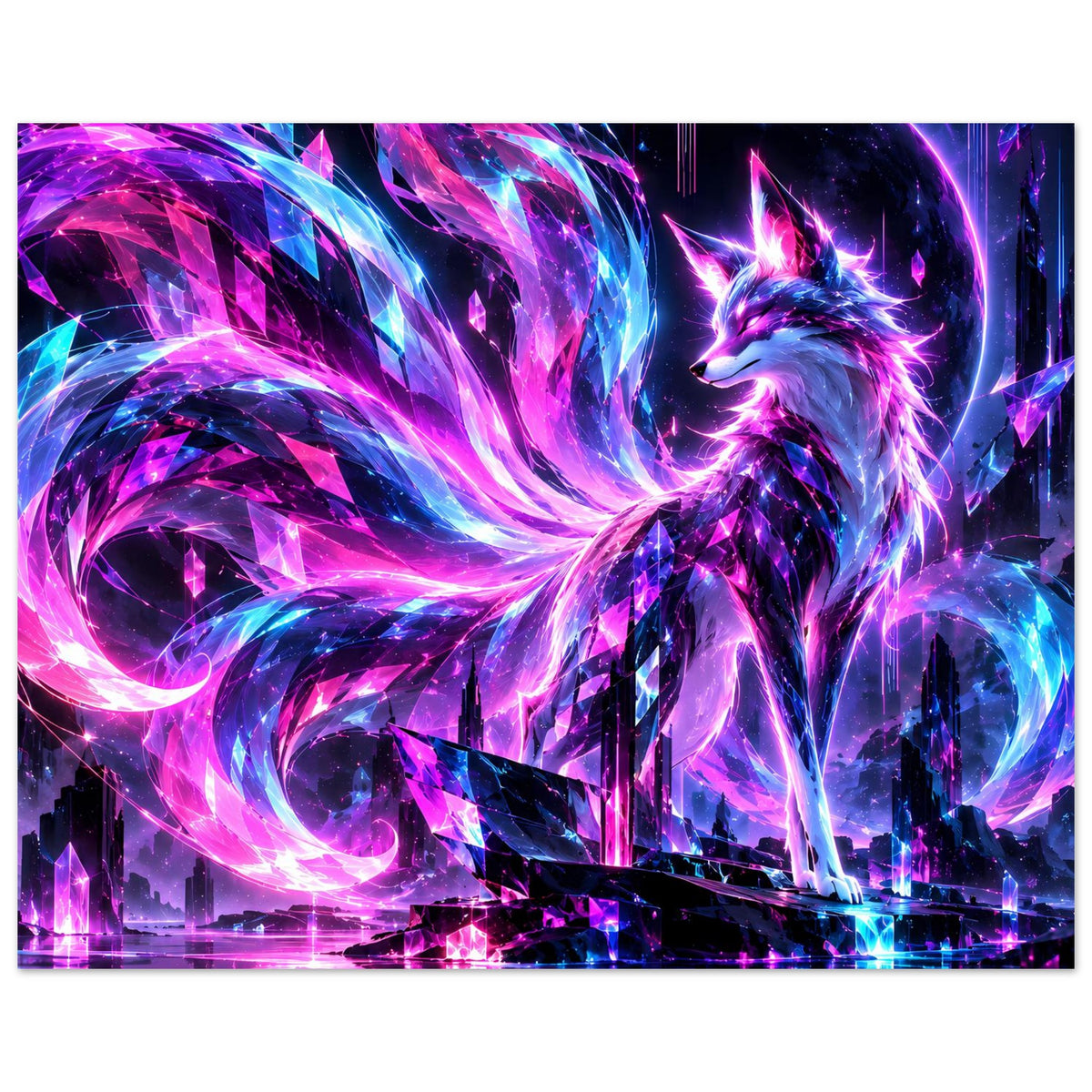 Querformat-Fantasy-Poster: leuchtender Neon-Fuchs mit violett-blauer Aura und funkelnden Splitterlichtern