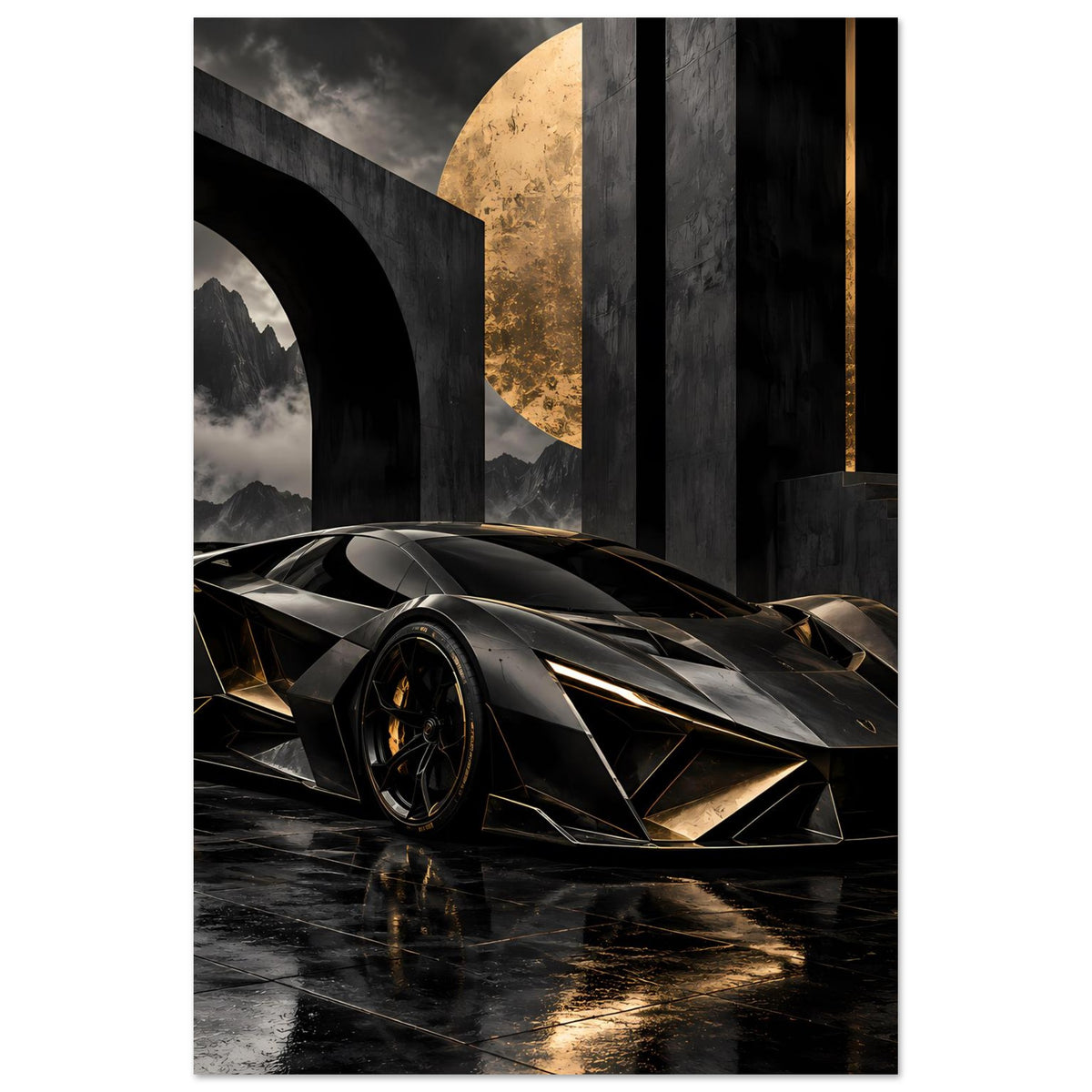 Autoposter-Poster: futuristischer Supersportwagen, schwarz mit goldenen Akzenten, Frontnah