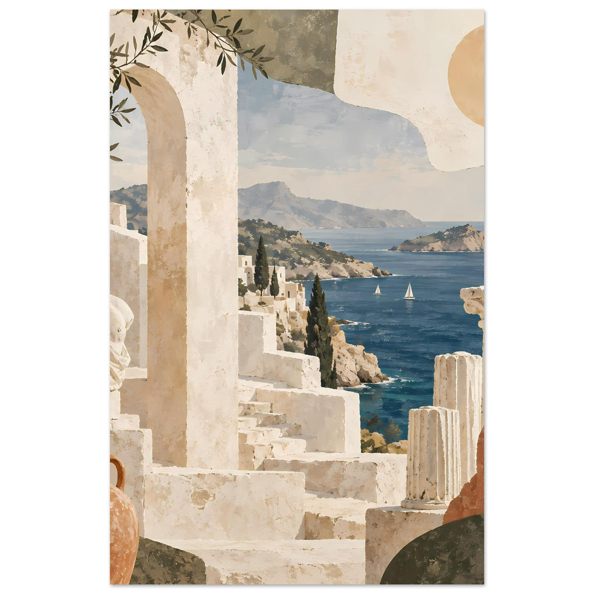 Urlaubs-Poster: schmaler Küstenblick mit weißen Säulen und Treppen, Meer und Berge