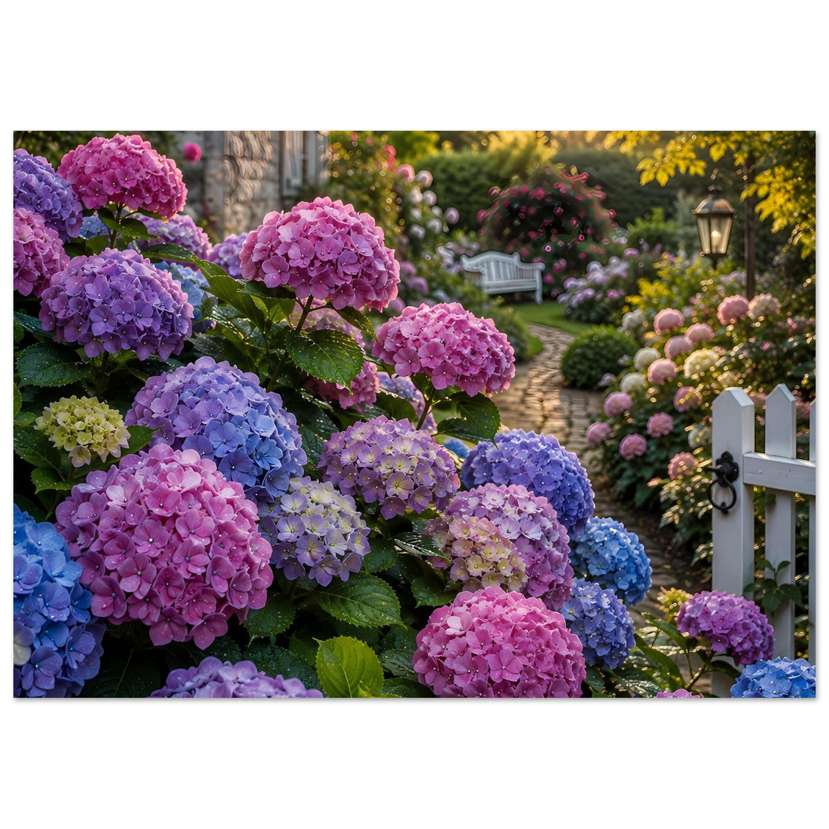 Gartenposter mit Hortensienblüten und weißem Holzgeländer rechts