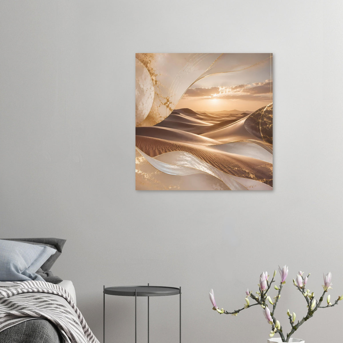 Kleines Wandposter mit Wüstendünen in Beigetönen und goldenen Lichtlinien