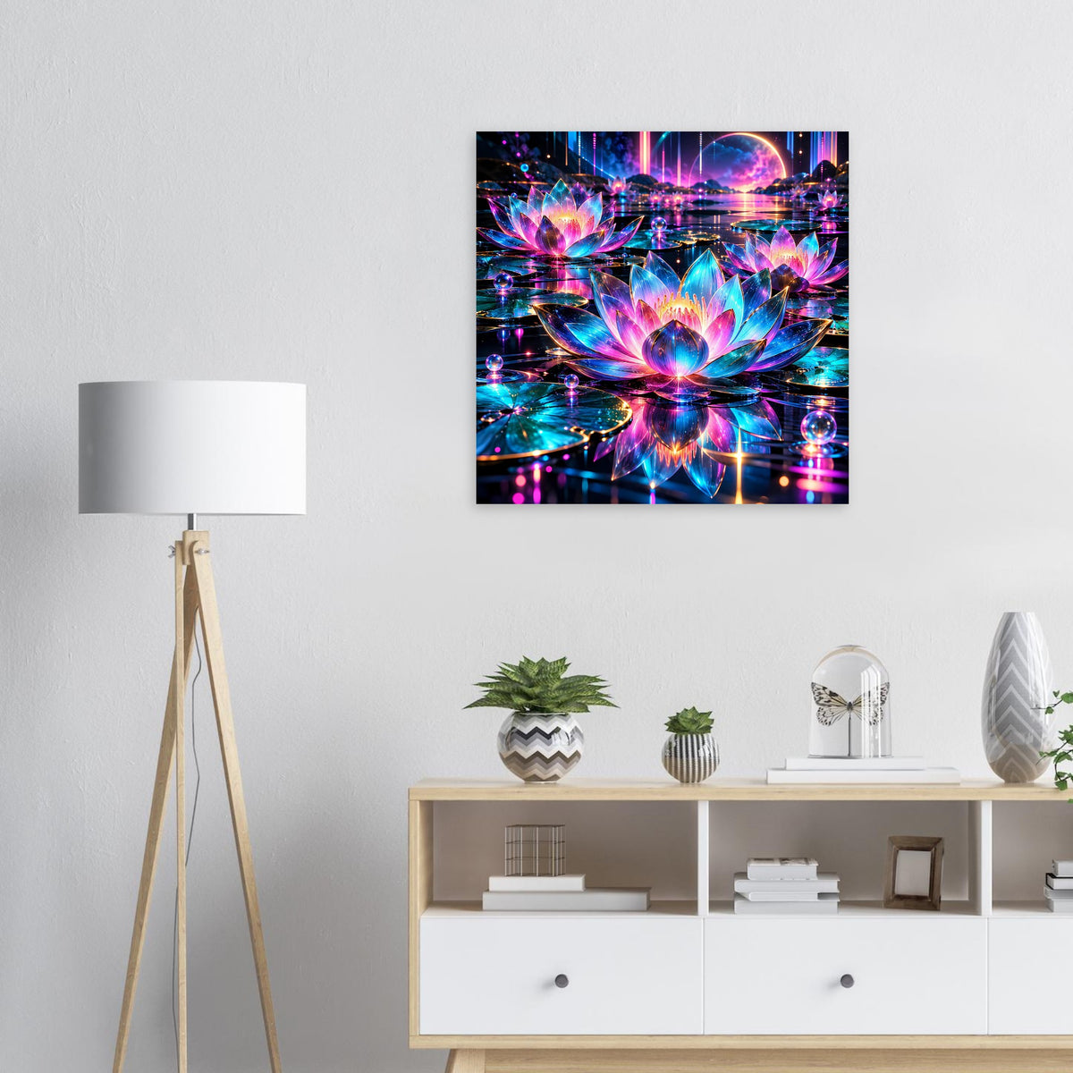 Neon-Lotus Poster mit leuchtendem Farbverlauf und Lotos-Motiv in Quadratform