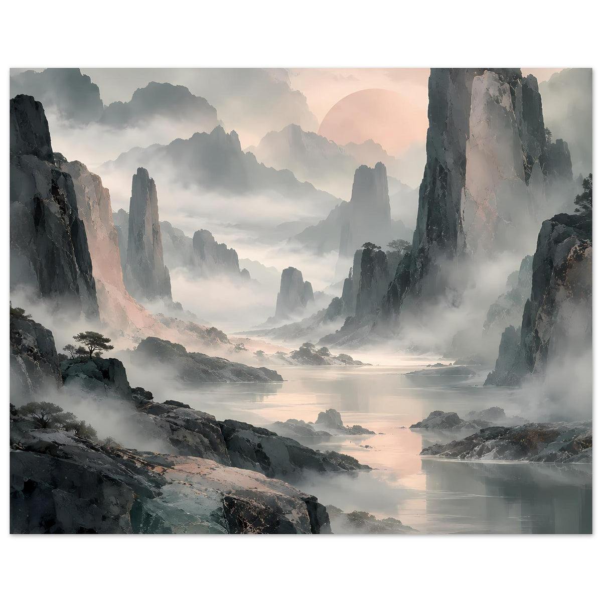 Wandposter: Nebelnde Gebirgslandschaft mit hohen Felsformationen und ruhigem Wasser, Pastelltöne