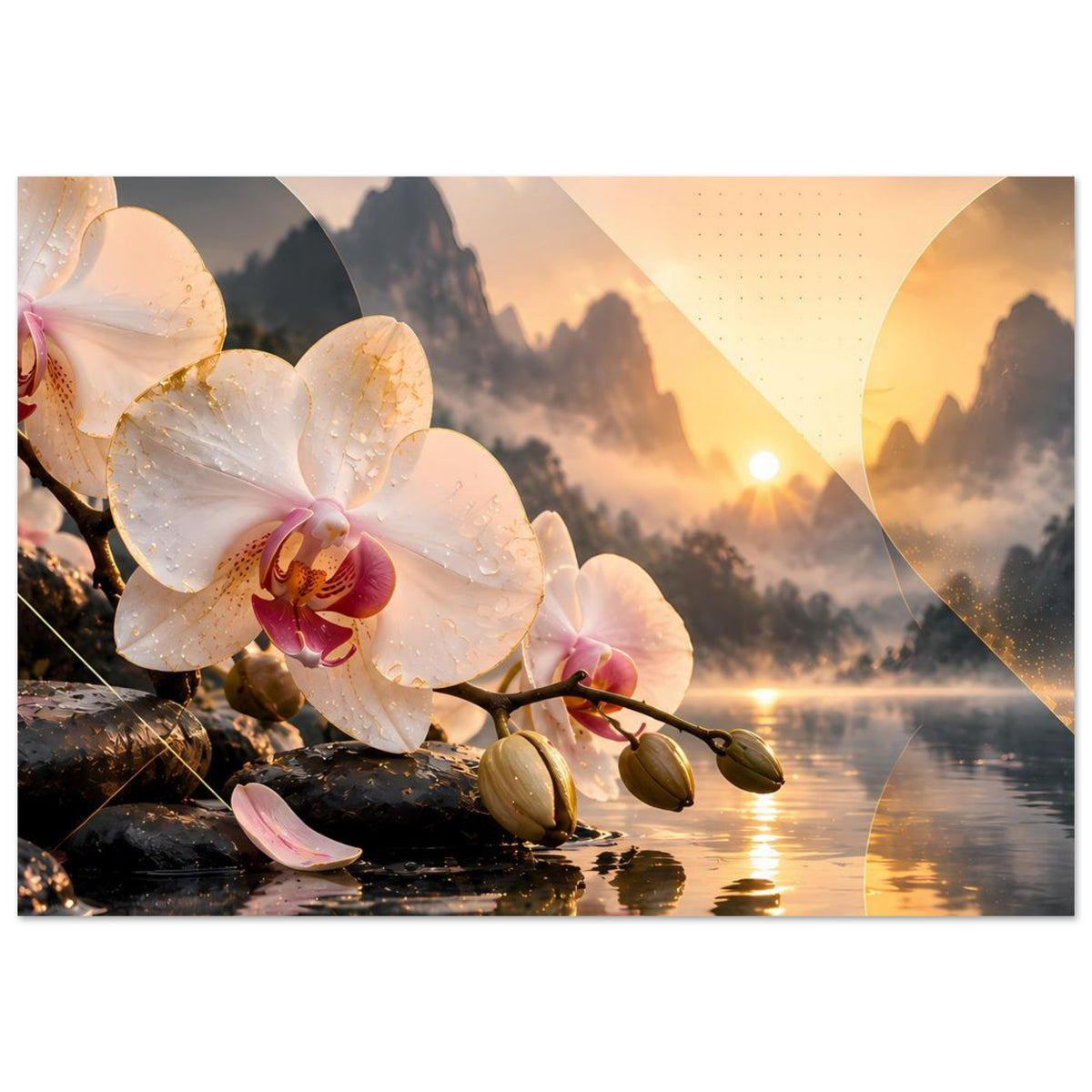 Horizontales Blumenposter: weiße Orchideenblüten auf dunklen Steinen mit goldenem Seehorizont