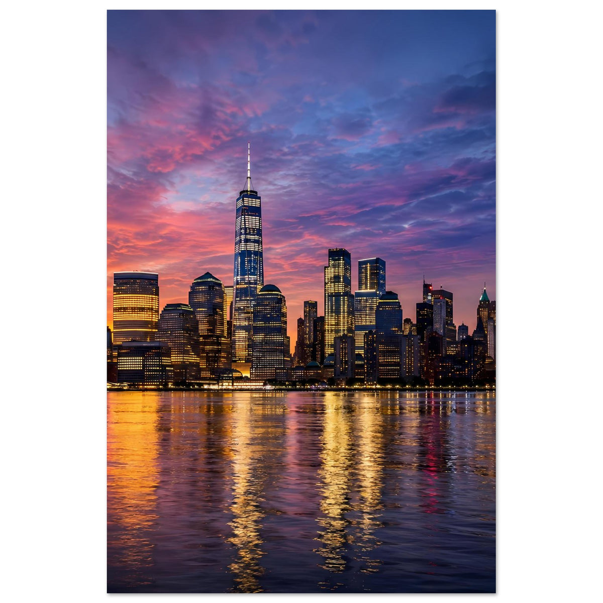Poster mit New-York-Skyline bei Dämmerung, Skyline und Spiegelungen am Fluss