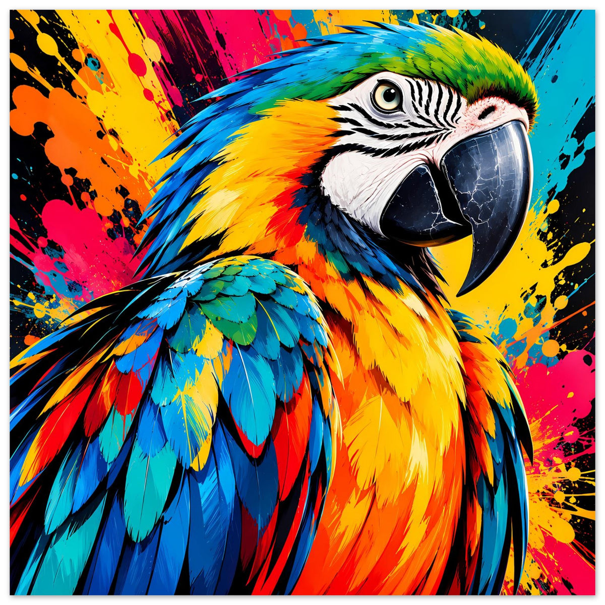 Horizontales Poster mit buntem Papageienkopf und leuchtenden Federn in Blau und Gelb