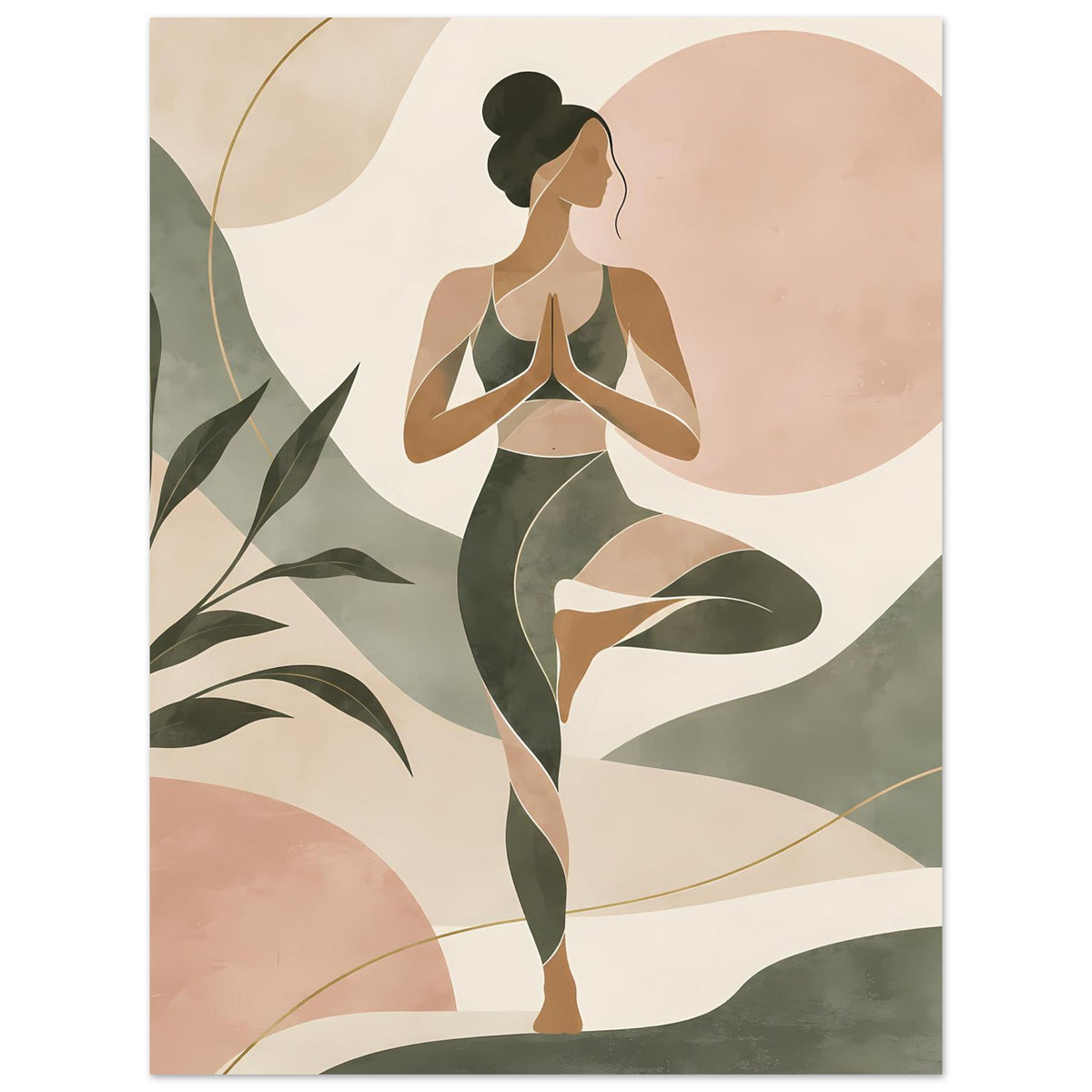 Vertikales Poster mit abstrakter Yoga-Figur in Salbeigrün und Rosé