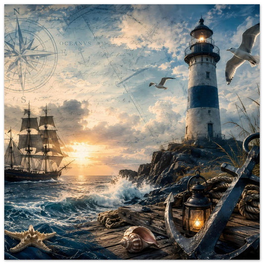 Maritimes Poster mit Leuchtturm, Segelschiff, Kompassrose und Laternen am Felsstrand
