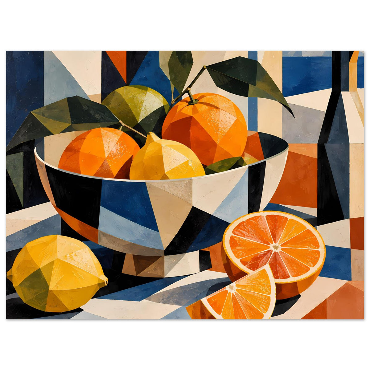 Kubistisches Poster im Nahanschnitt: Schale mit Orangen und zwei Orangenscheiben, kräftige Flächen