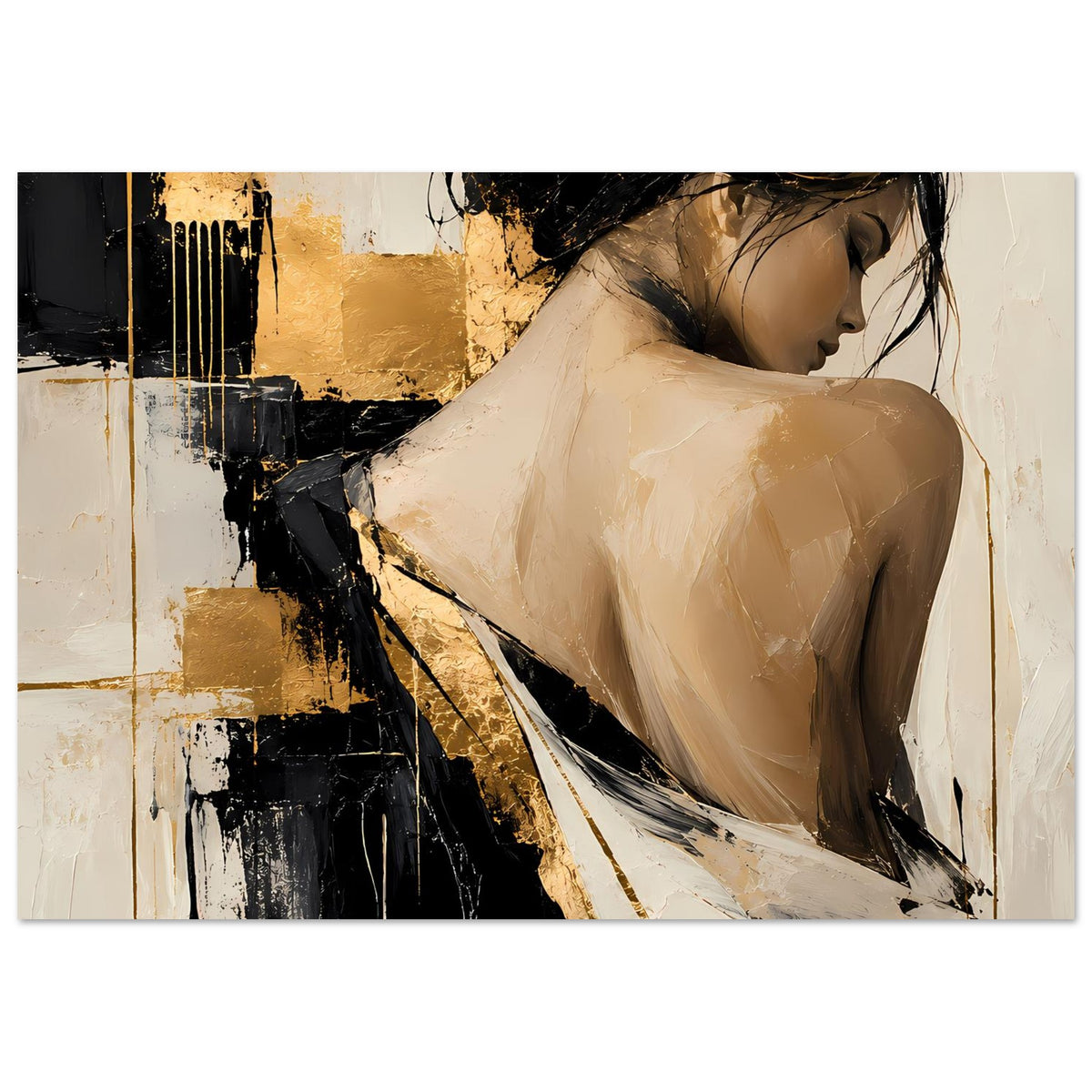 Abstraktes Damenportrait-Poster, horizontales Format: ruhiges Seitenprofil, Beige, Schwarz und Gold.