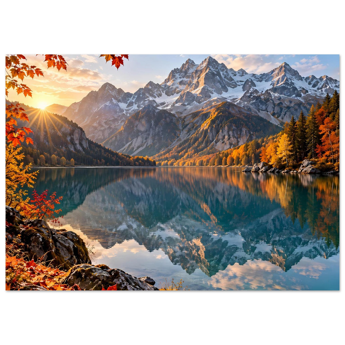 Herbstlandschafts-Poster (quer) mit Alpenbergen, See-Reflexion und orangefarbenen Bäumen