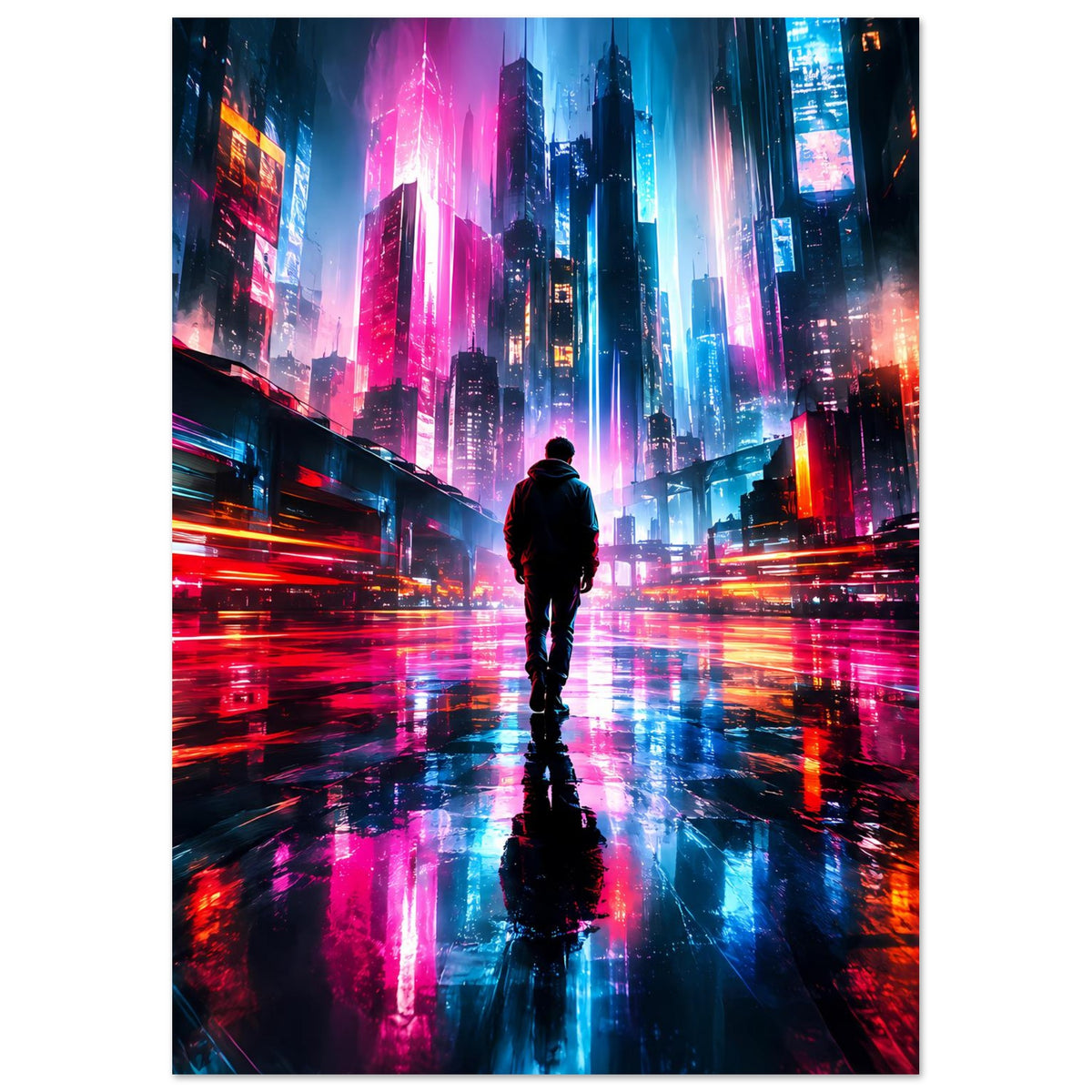 Cyberpunk-Neonstadt-Poster im Hochformat mit Silhouette auf spiegelndem Fahrbahnboden