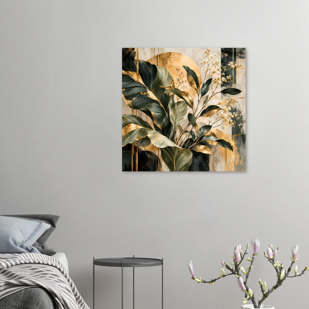 Kleines Poster im Hochformat mit Blattzweigen, goldenen Akzenten und feinen Blüten