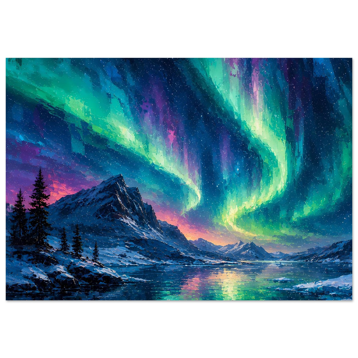 Fine-Art-Poster im Querformat: Nordlicht, Berge mit Schnee, Bäume und reflektierender Fluss.