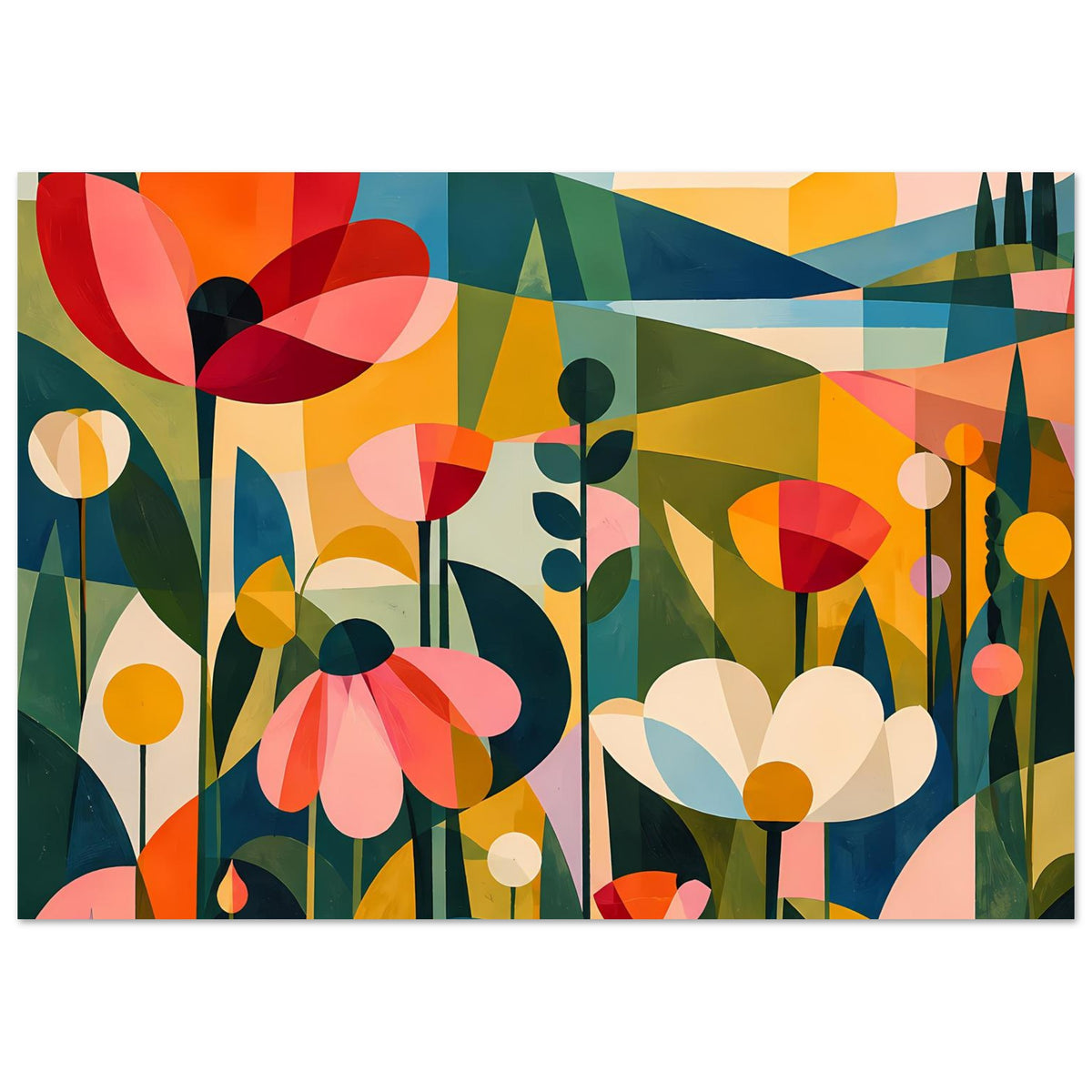 Blumenposter im Hochformat mit abstrakten Blüten, orange-roten Akzenten und blaugrünen Flächen.