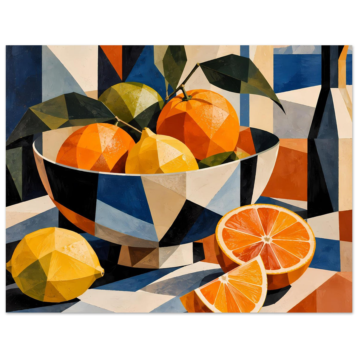 Poster mit Schüssel voller Orangen und Zitronen sowie Orangenscheiben, geometrische Komposition