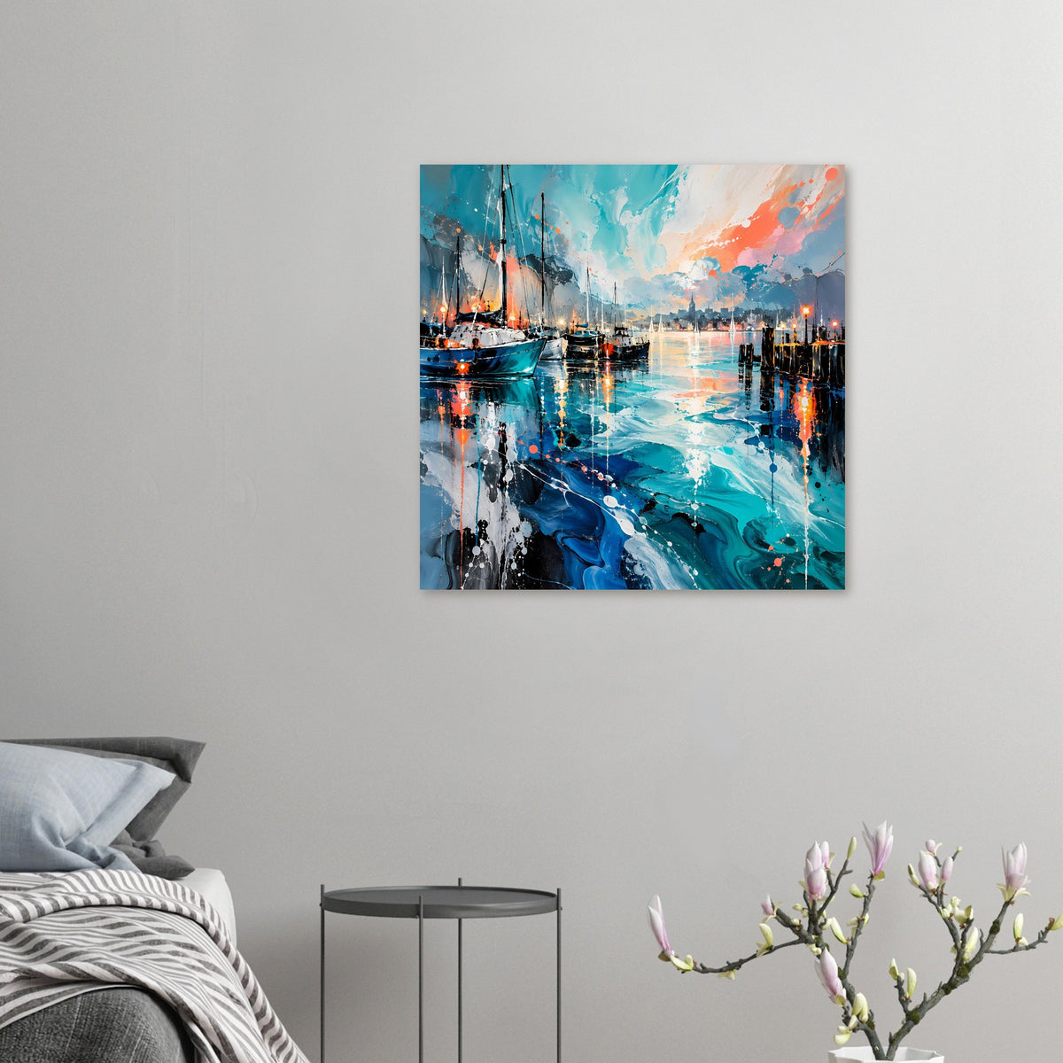 Kleines Poster im quadratischen Format: Hafenmotiv mit blauem Wasser und orange Himmelakzenten