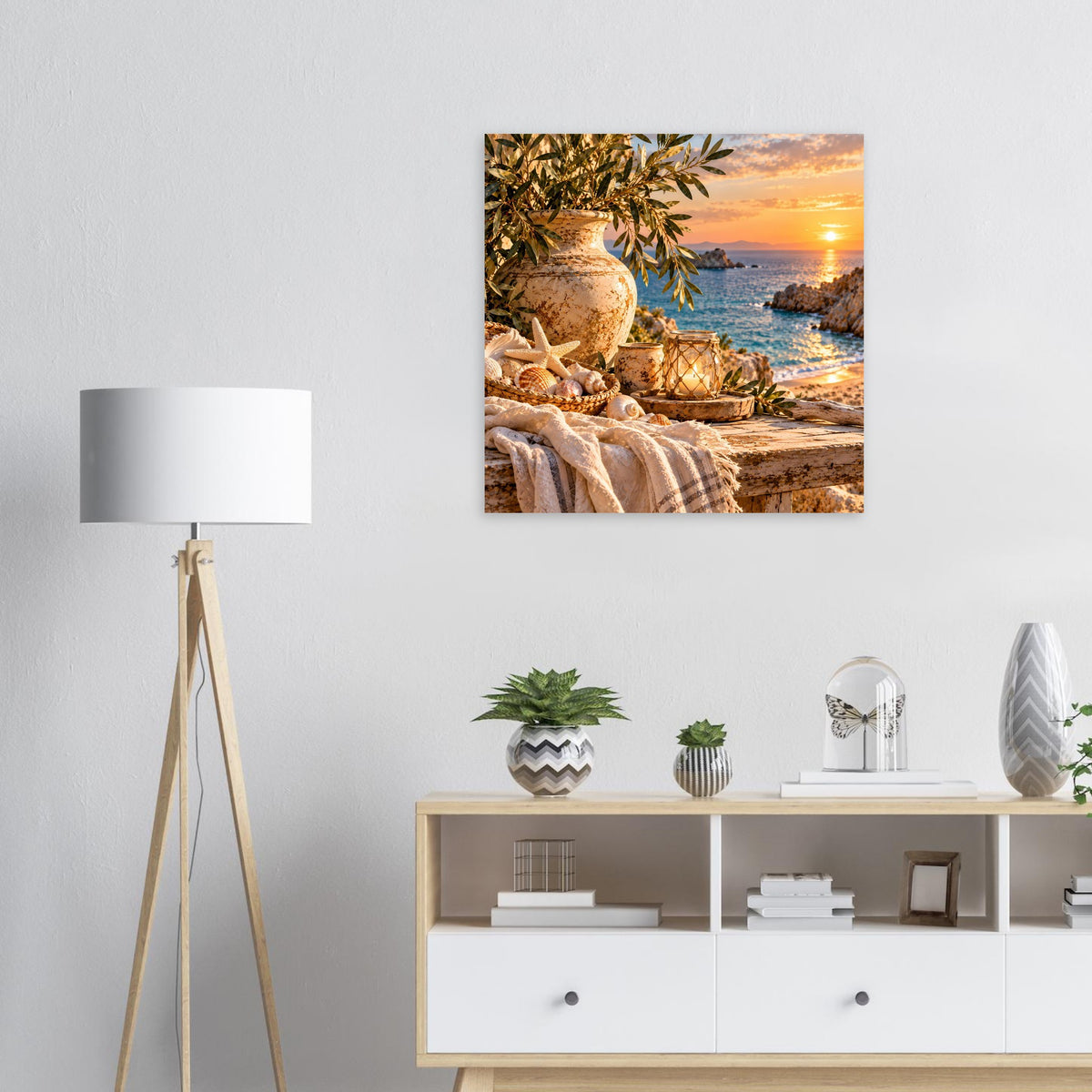 Gerahmtes Wandbild mit mediterranem Sonnenuntergang, Olivenzweigen und Muscheln