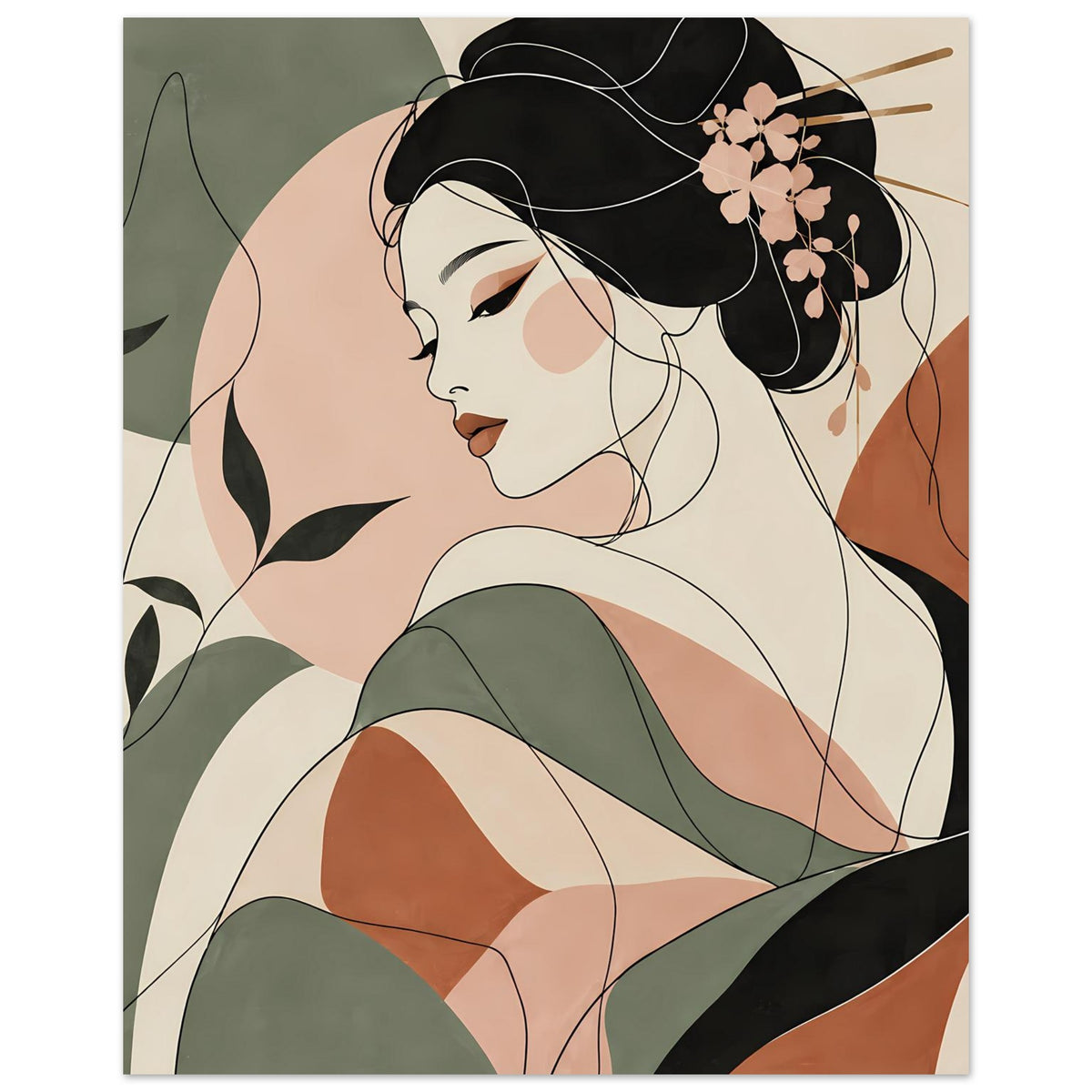 Zen-Geisha Poster: Porträtansicht mit schwarzem Haarknoten, rosafarbenen Blüten, grünem Kleid