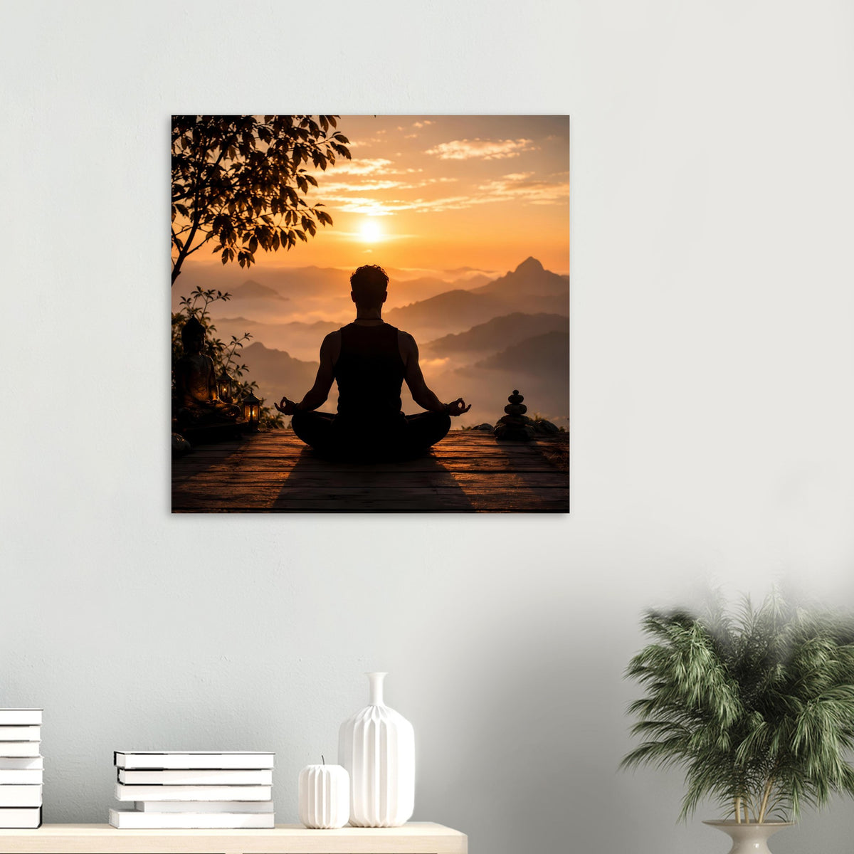 Gerahmtes Meditationsposter mit Lotus-Silhouette bei Sonnenuntergang im Hochformat
