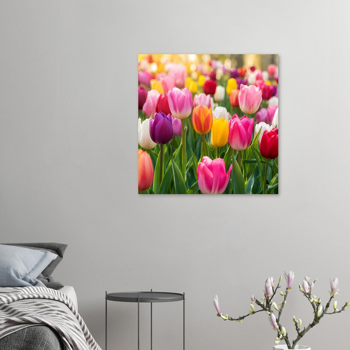 Quadratisches Tulpen-Gartenposter mit bunten Tulpenblüten im Nahmotiv
