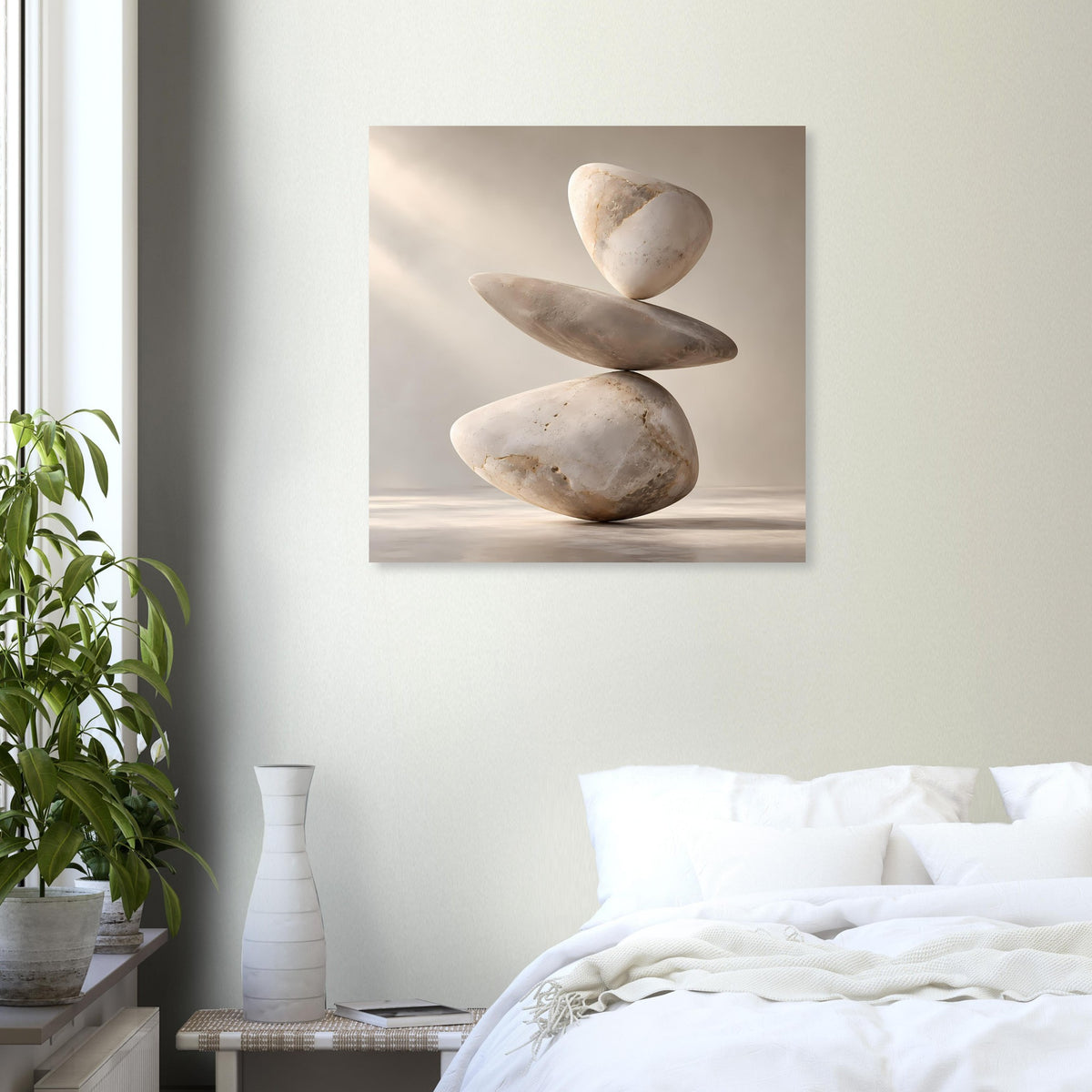 Quadratischer Kunstdruck mit ruhiger Stein-Skulptur: drei Steine in Beige/Grau