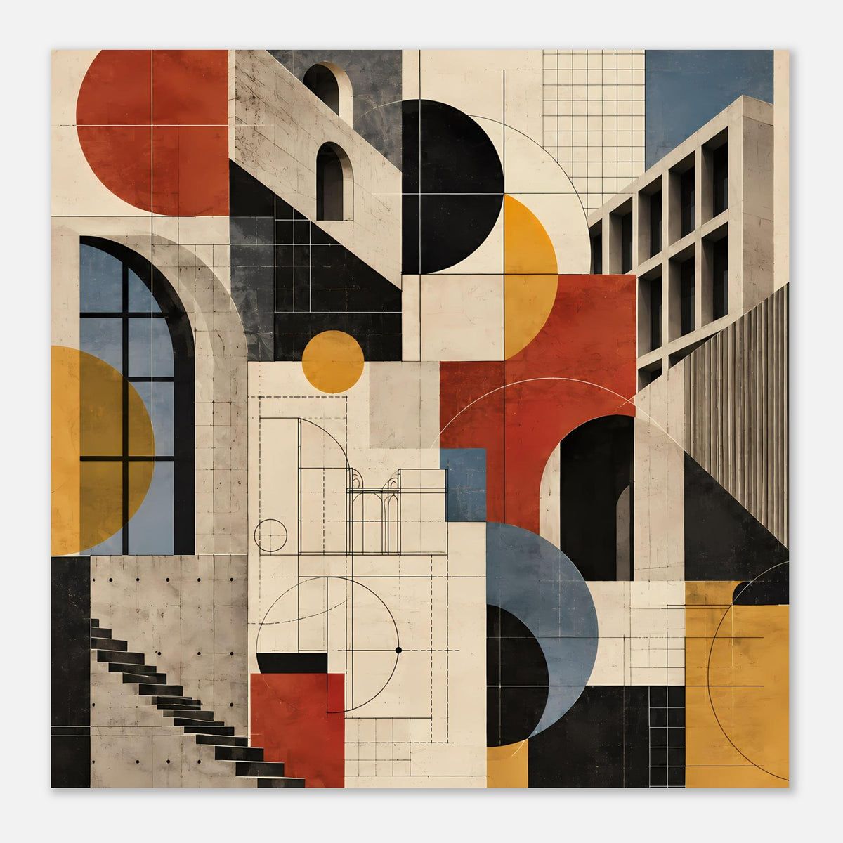 Kunstposter, breiter Ausschnitt: geometrische Architektur in Creme, Schwarz, Terrakotta und Blau