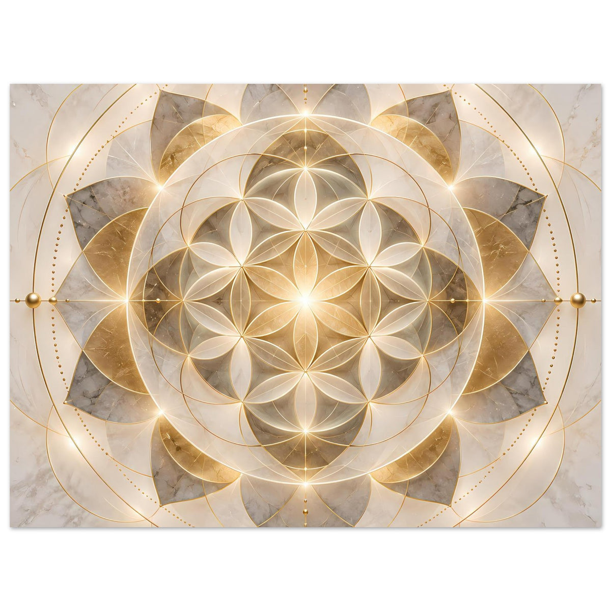 Quadratisches Poster mit goldener Mandala-Blume, leuchtenden Linien und schimmernden Elementen