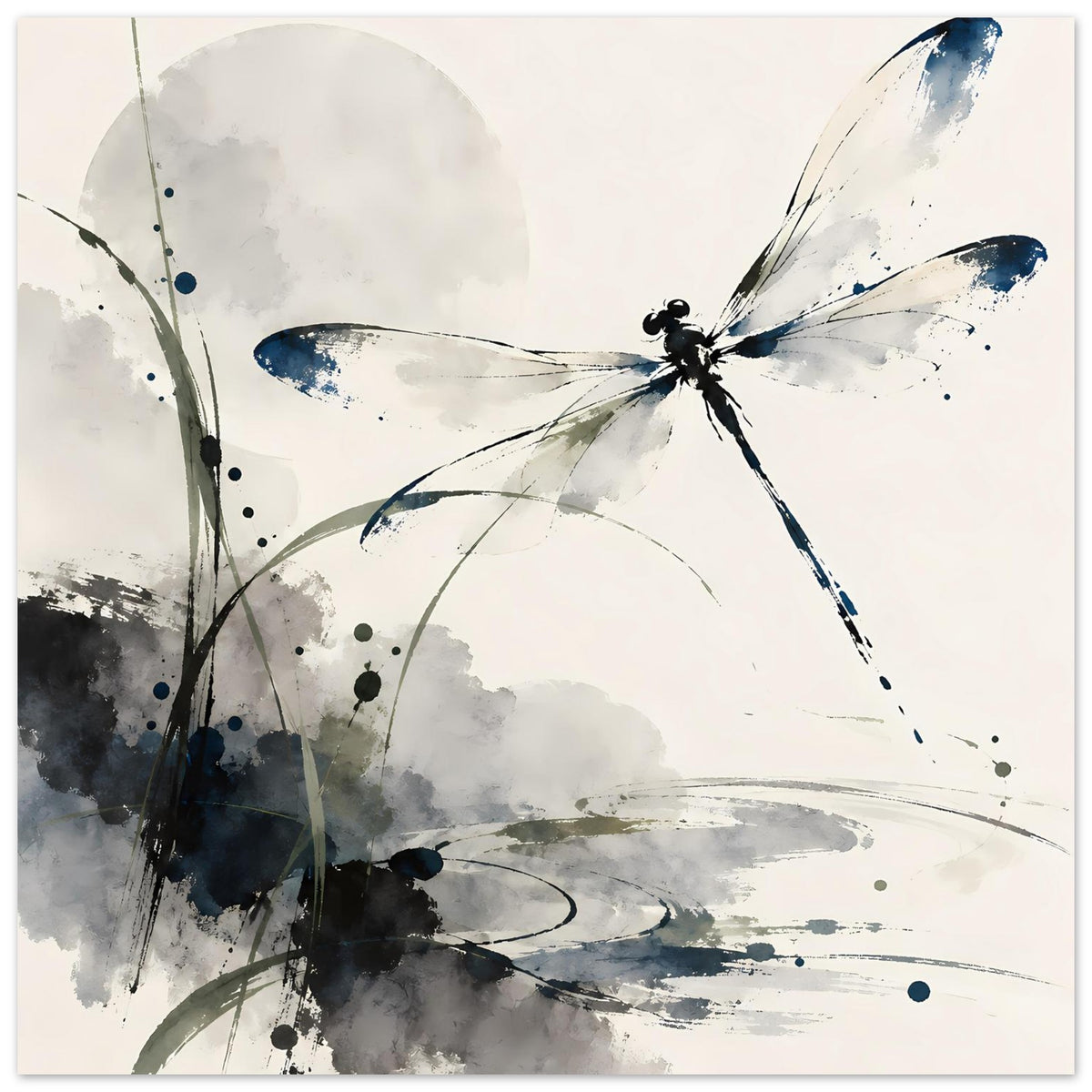 Aquarell-Poster mit blauer Libelle und grauem Farbverlauf, leichte Sprenkel