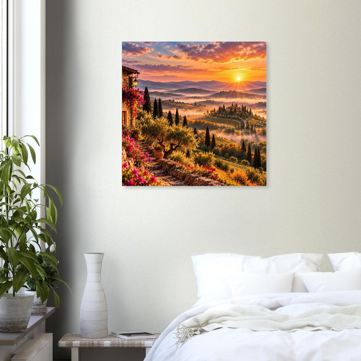 Quadratisches Wandposter mit warmem Sonnenuntergang, Hügeln, Feldern und Abendhimmel