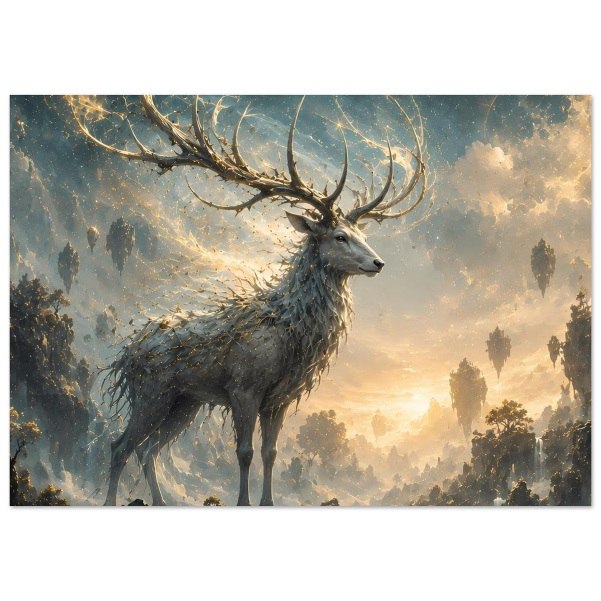 Horizontales Poster: Hirsch mit auffälligem Geweih im Fantasy-Motiv, warmes Licht hinter ihm