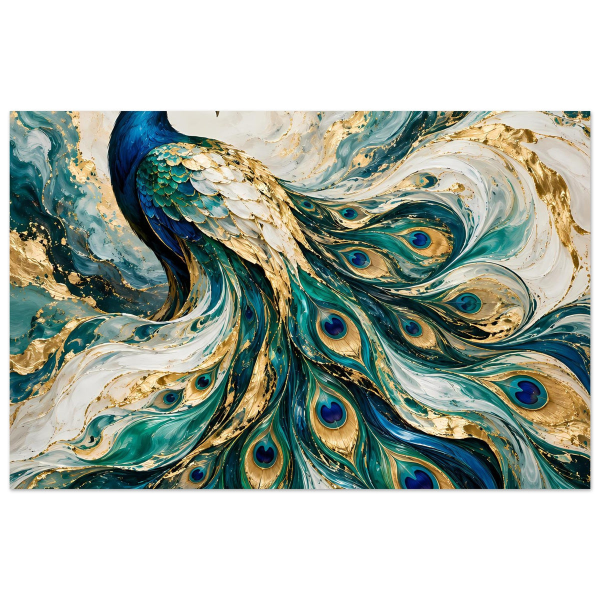 Kunstposter mit Pfau in Petrol, Türkis und Gold, Federschweif als Ornament