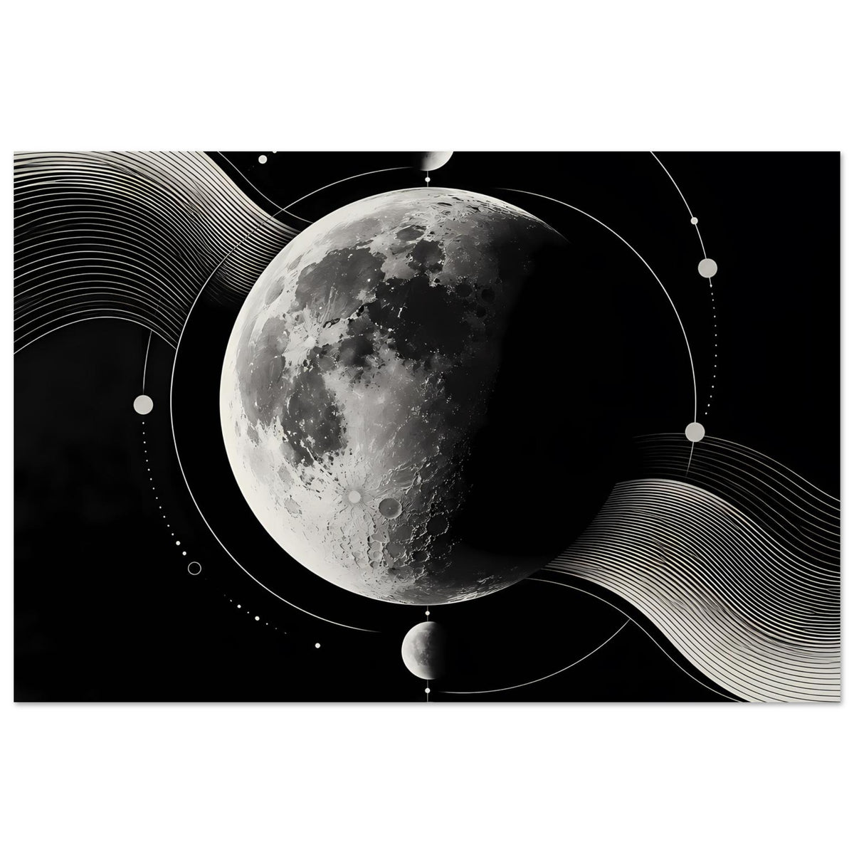 Mondphasen-Poster: großer Mond mit Kratern, Kreise und Wellenlinien in Schwarz-Grau.