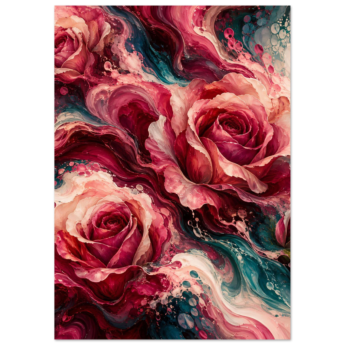 Blumenposter mit abstrakten Rosen in Rot und Türkis, vertikal und vollständig eingerahmt.
