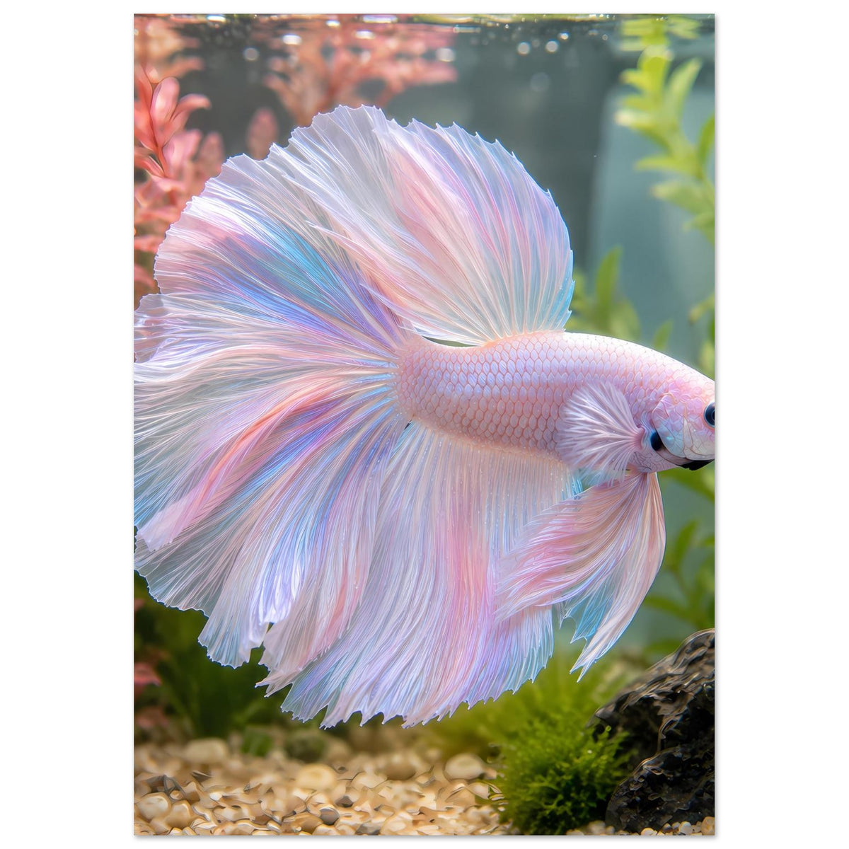 Poster mit Betta-Fisch, die Flossen füllen den Hintergrund; pastellfarbenes Aquarium-Motiv